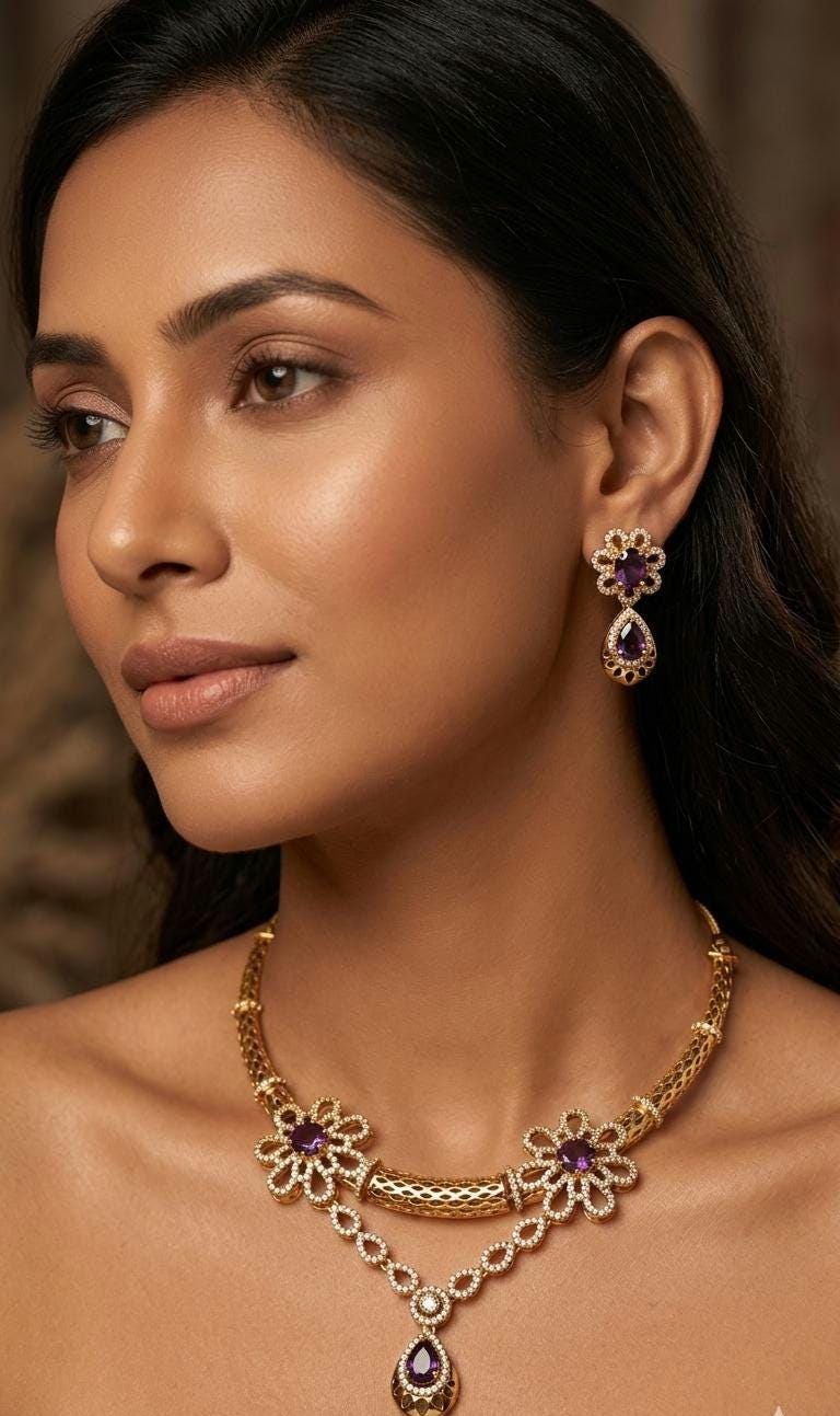 Gold Plated Amethyst Flower Hasli Necklace Set, Teardrop Earrings, Traditional Indian Choker