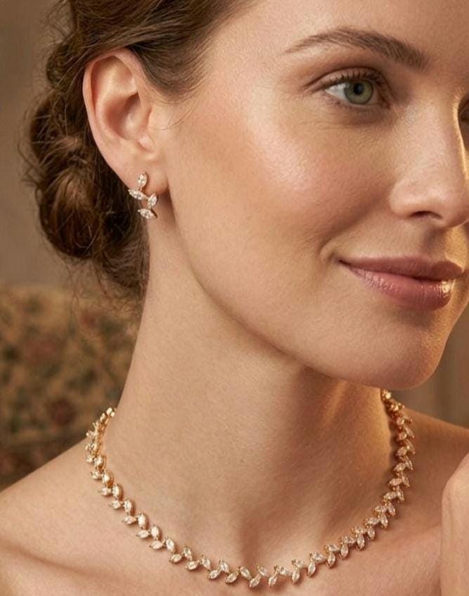 Crystal Leaf Branch Jewelry Set, Gold Marquise Necklace and Earrings, Botanical Bridal Accessories