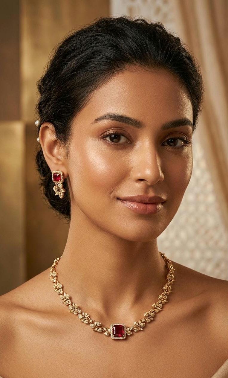 Ruby Red Crystal Jewelry Set  Gold Leaf Necklace and Drop Earrings, Victorian Style