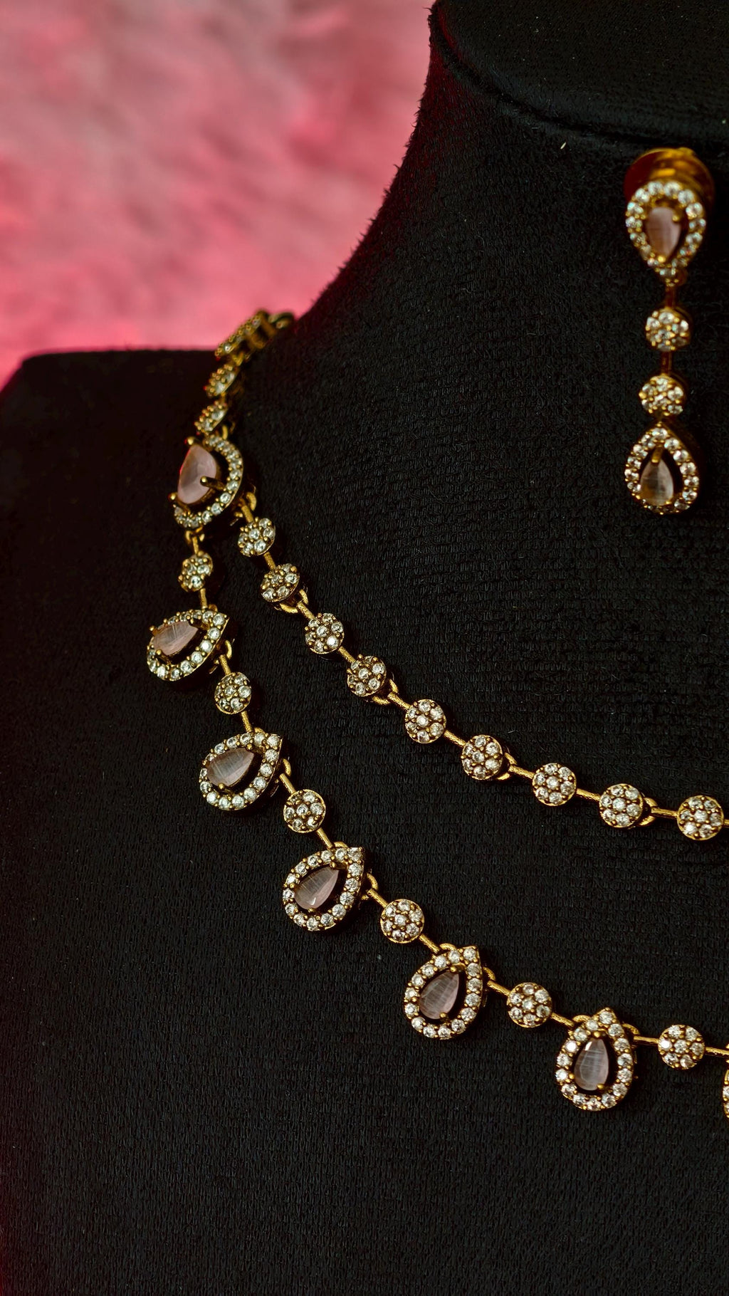 Double Layered Baby Pink AD Necklace Earrings Set  18k Gold Plated Bridal Choker