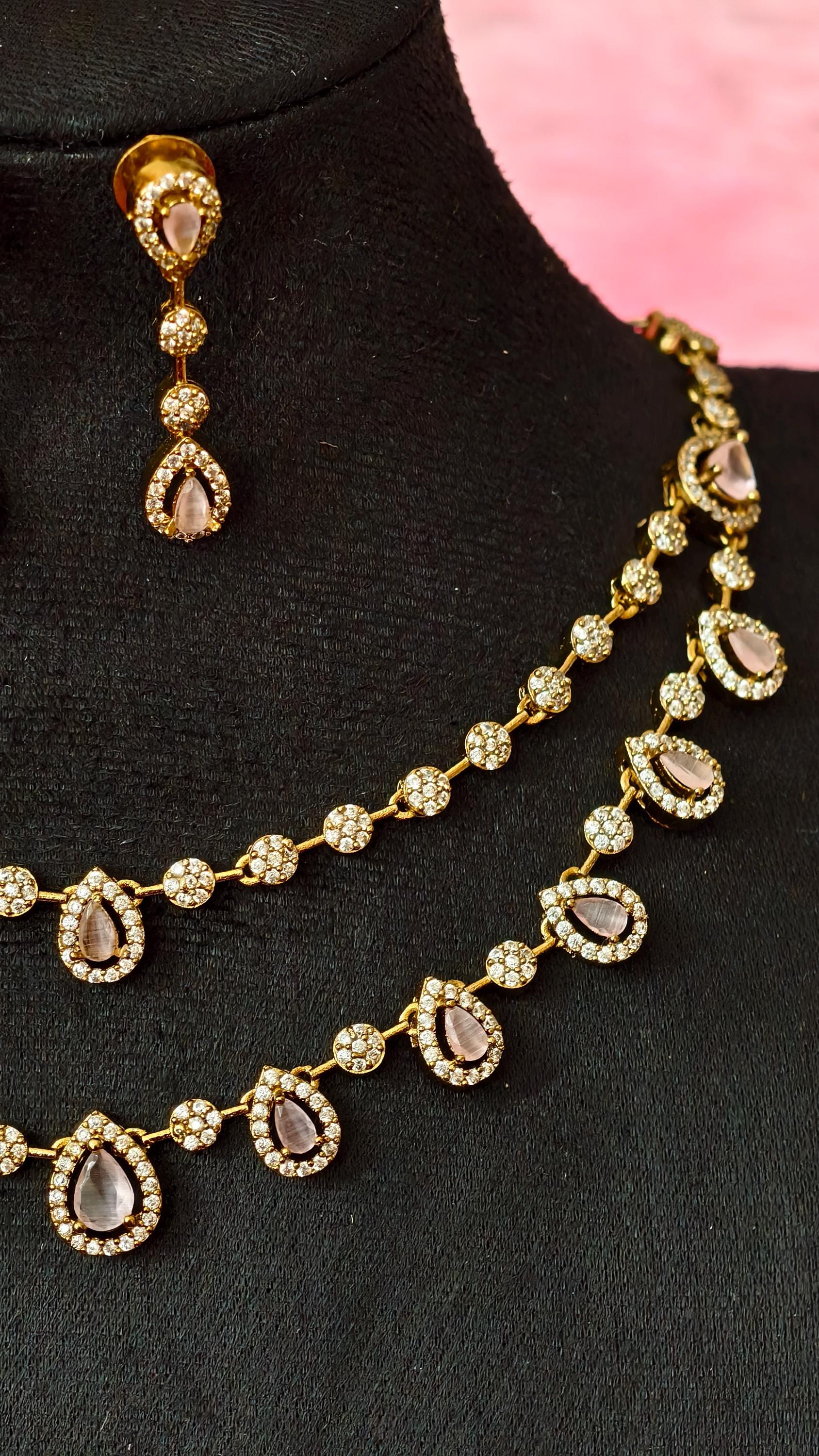 Double Layered Baby Pink AD Necklace Earrings Set  18k Gold Plated Bridal Choker