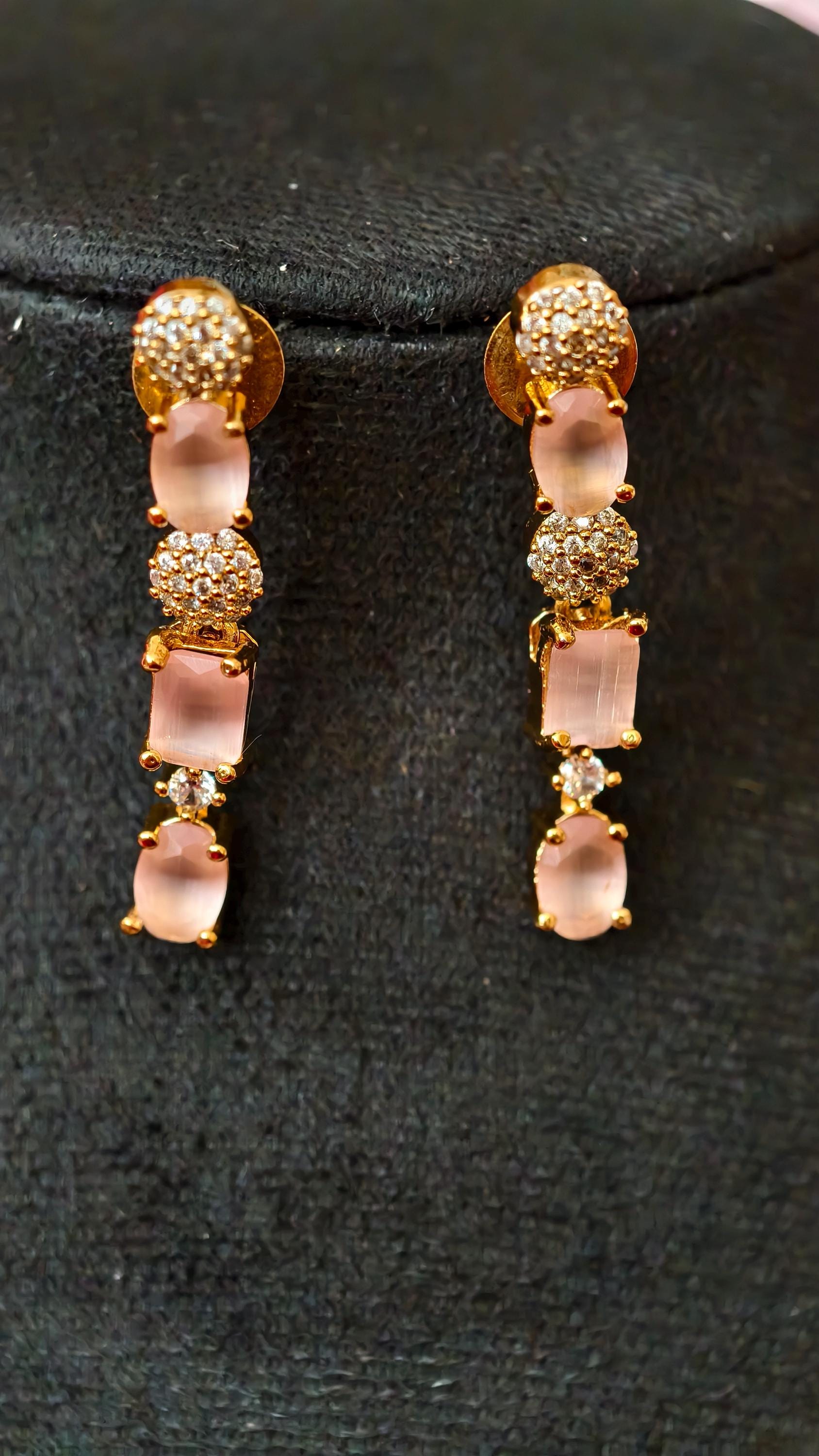 Rose Quartz Gold Bridal Jewelry Set, Frosted Pink Gemstone Necklace Earrings
