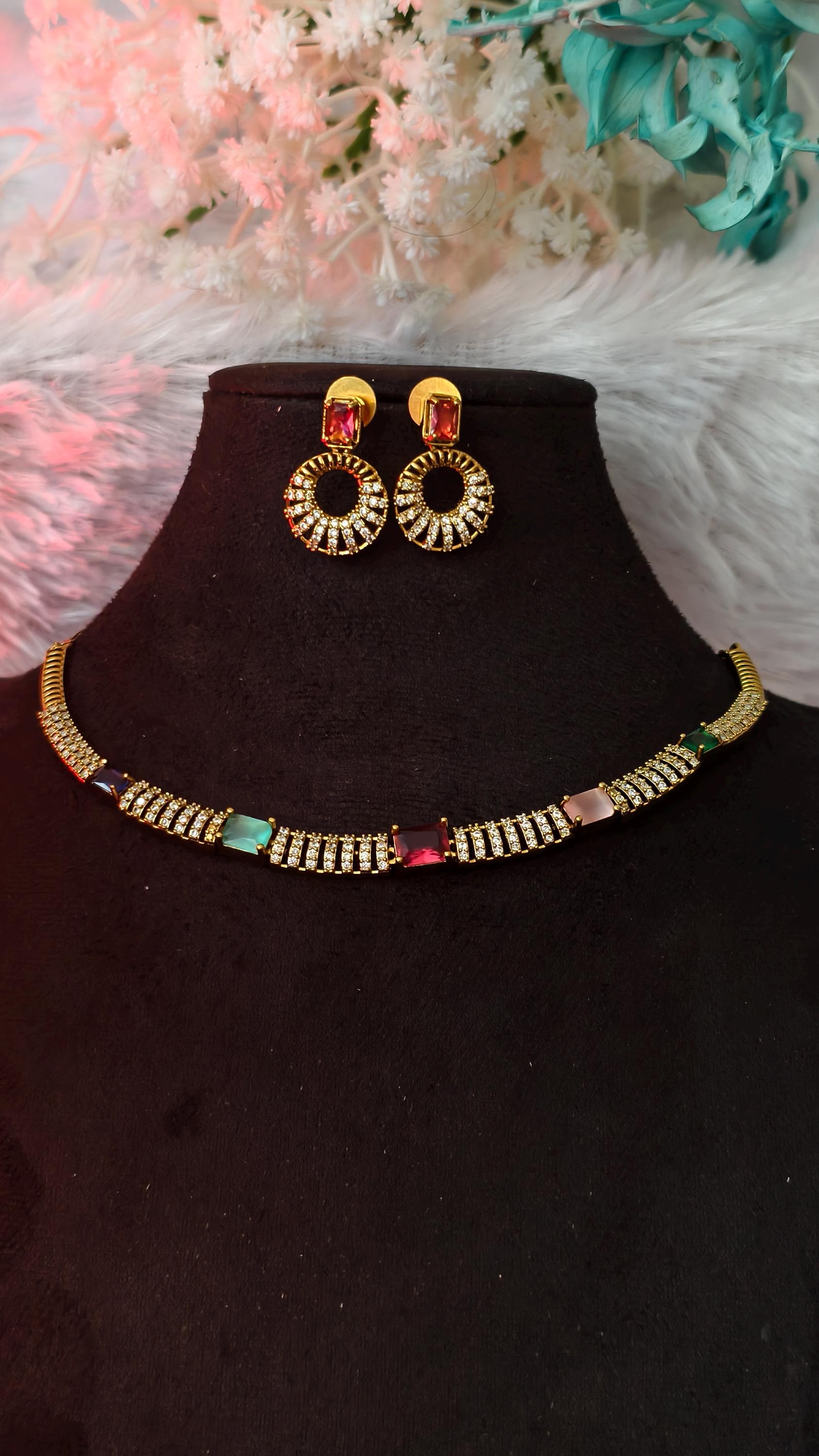 Gold Plated Multicolor Gemstone Choker Necklace & Earrings Set | Cubic Zirconia Rainbow Jewelry