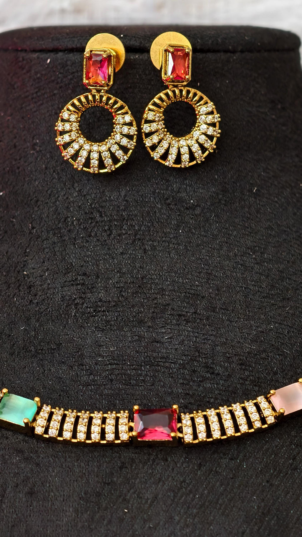 Gold Plated Multicolor Gemstone Choker Necklace & Earrings Set | Cubic Zirconia Rainbow Jewelry