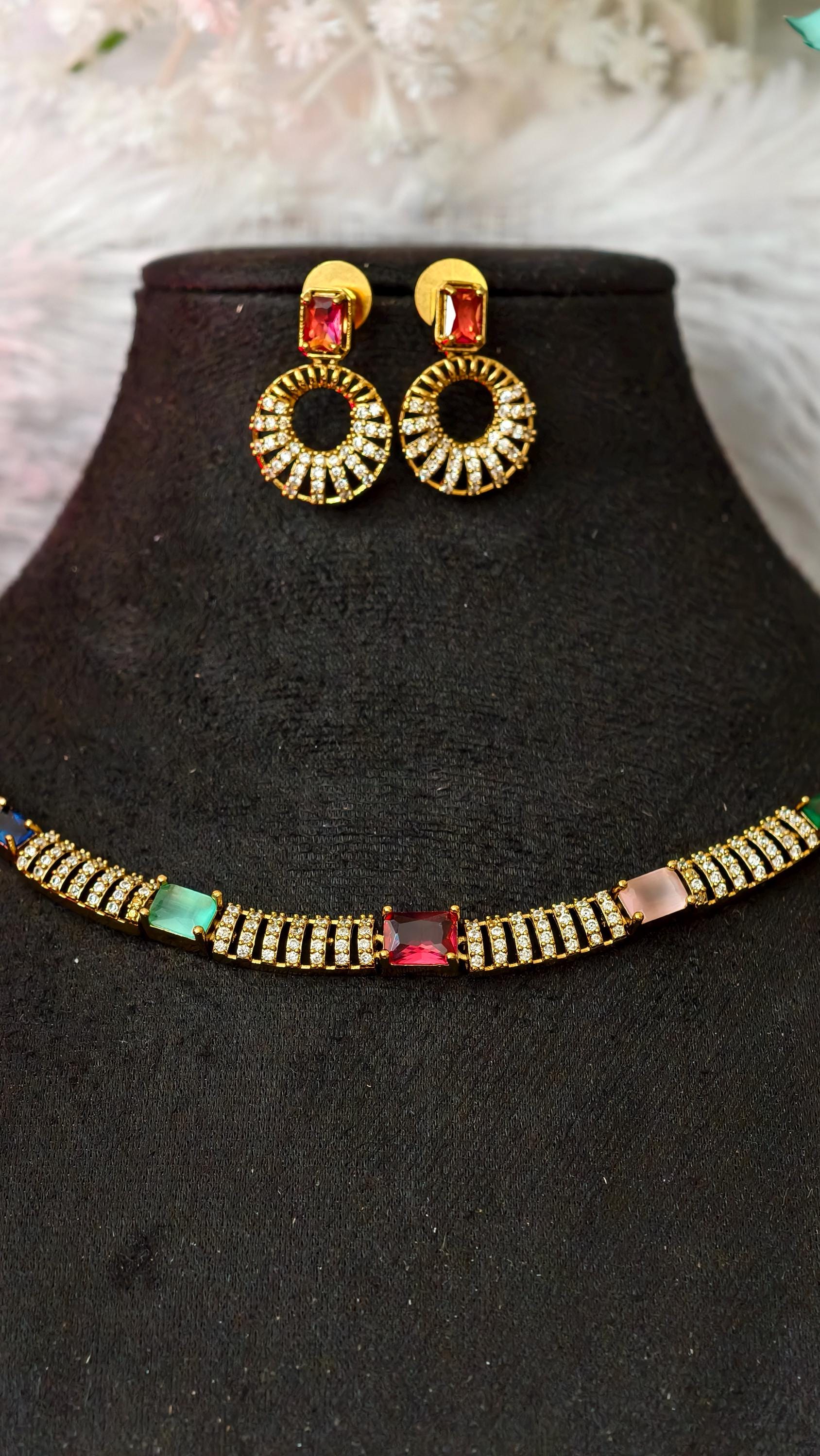 Gold Plated Multicolor Gemstone Choker Necklace & Earrings Set | Cubic Zirconia Rainbow Jewelry