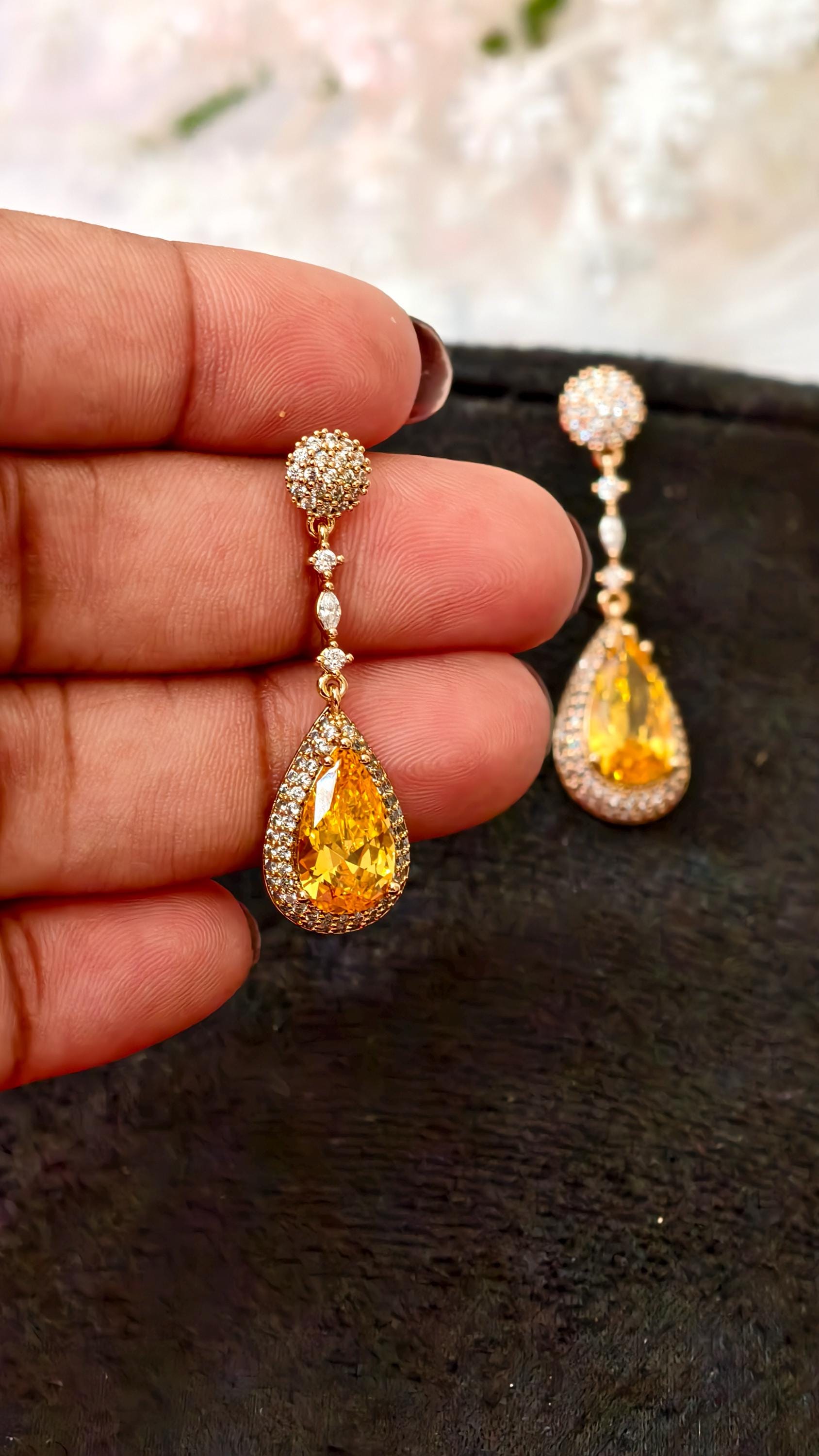 18k Gold Plated Teardrop Earrings, Yellow Crystal CZ Pave Bridal Wedding Jewelry