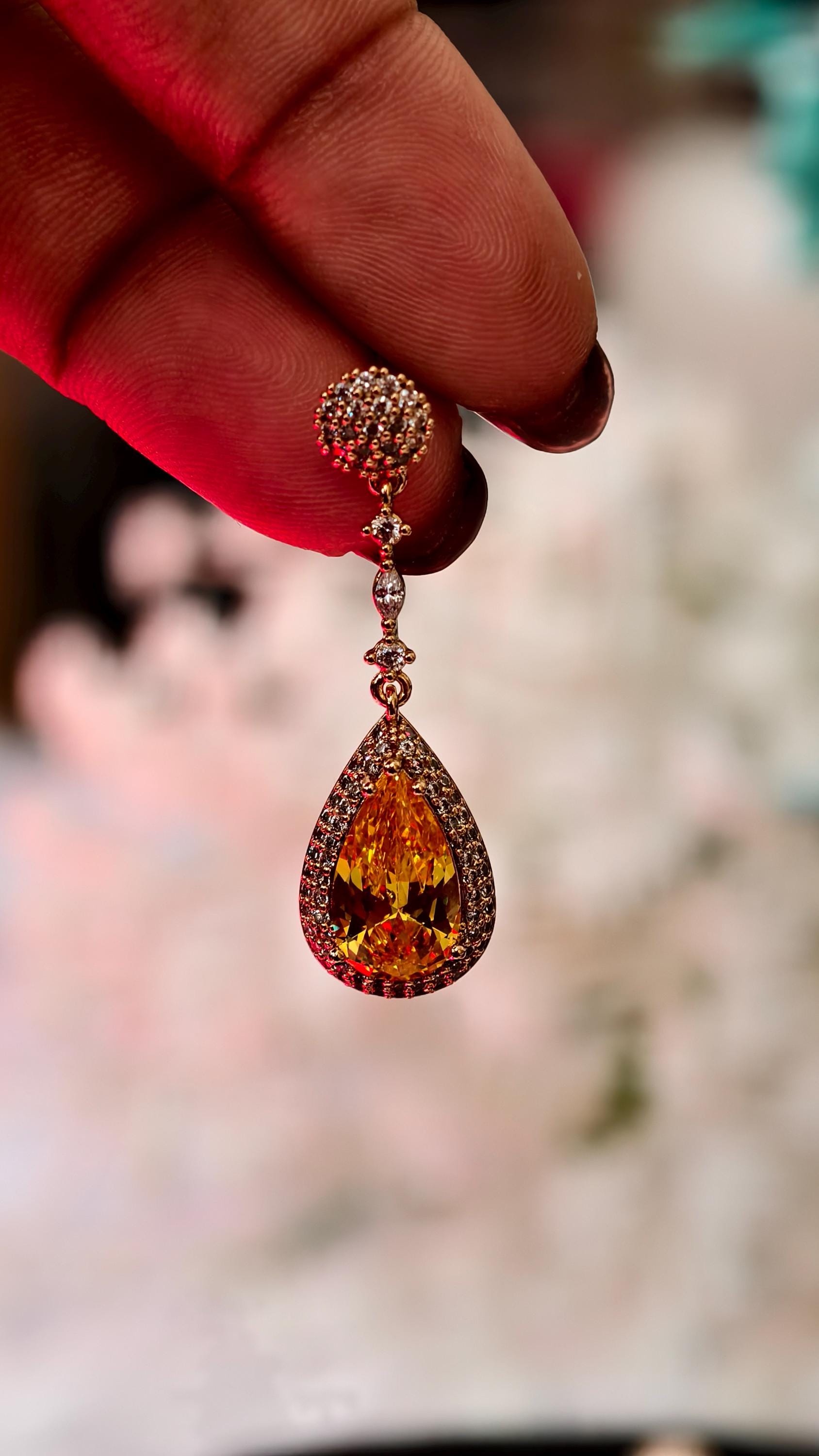 18k Gold Plated Teardrop Earrings, Yellow Crystal CZ Pave Bridal Wedding Jewelry