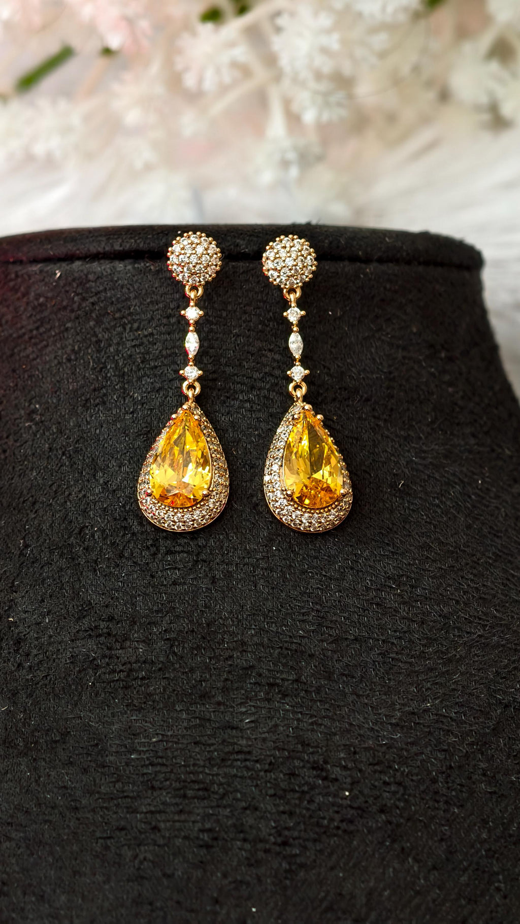 18k Gold Plated Teardrop Earrings, Yellow Crystal CZ Pave Bridal Wedding Jewelry