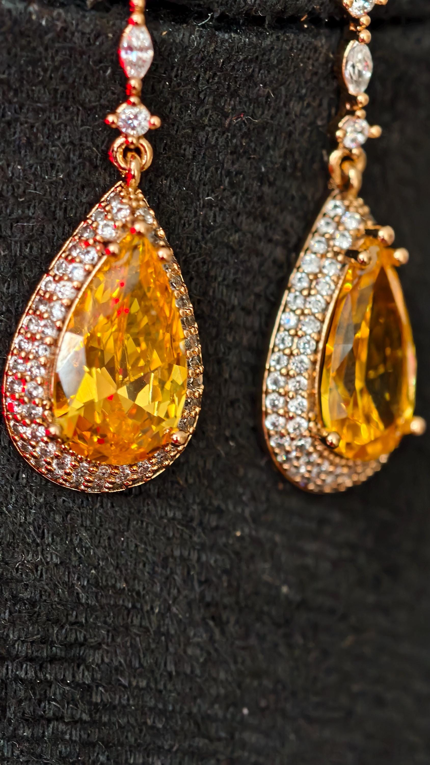 18k Gold Plated Teardrop Earrings, Yellow Crystal CZ Pave Bridal Wedding Jewelry