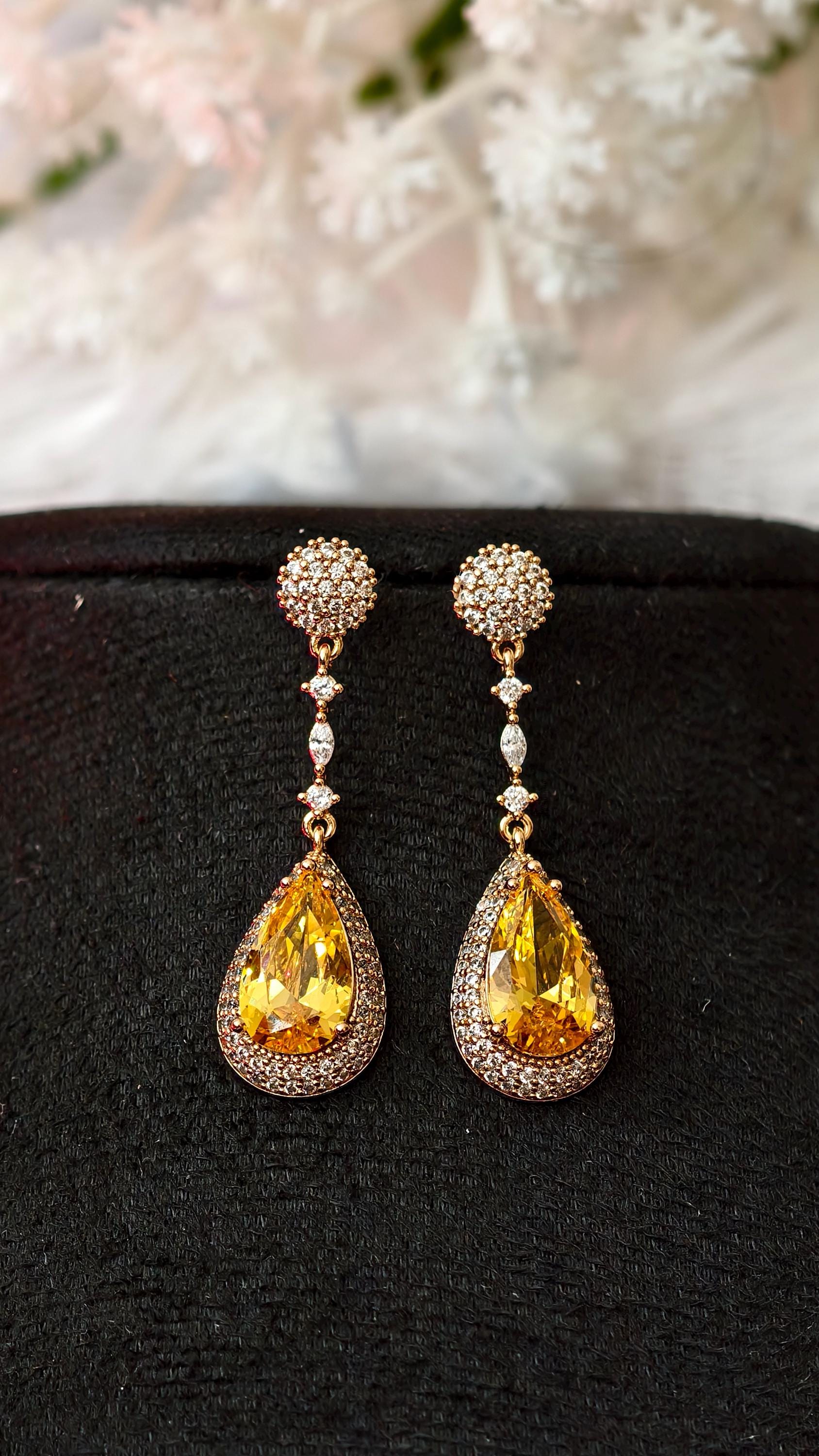 18k Gold Plated Teardrop Earrings, Yellow Crystal CZ Pave Bridal Wedding Jewelry