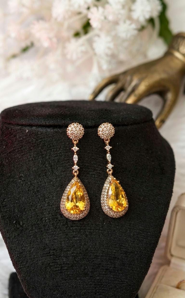 18k Gold Plated Teardrop Earrings, Yellow Crystal CZ Pave Bridal Wedding Jewelry