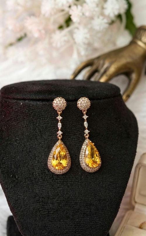 18k Gold Plated Teardrop Earrings, Yellow Crystal CZ Pave Bridal Wedding Jewelry