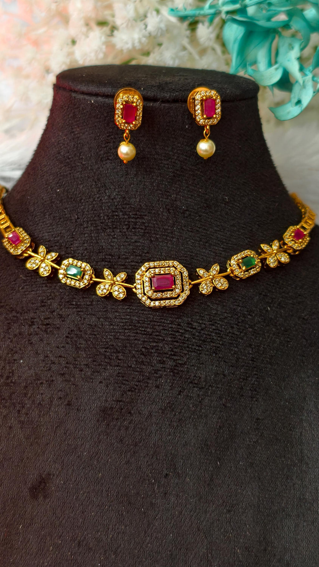 Indian Gold Choker Necklace Set, Ruby Emerald Floral Bridal Jewelry, Pearl Drop Earrings