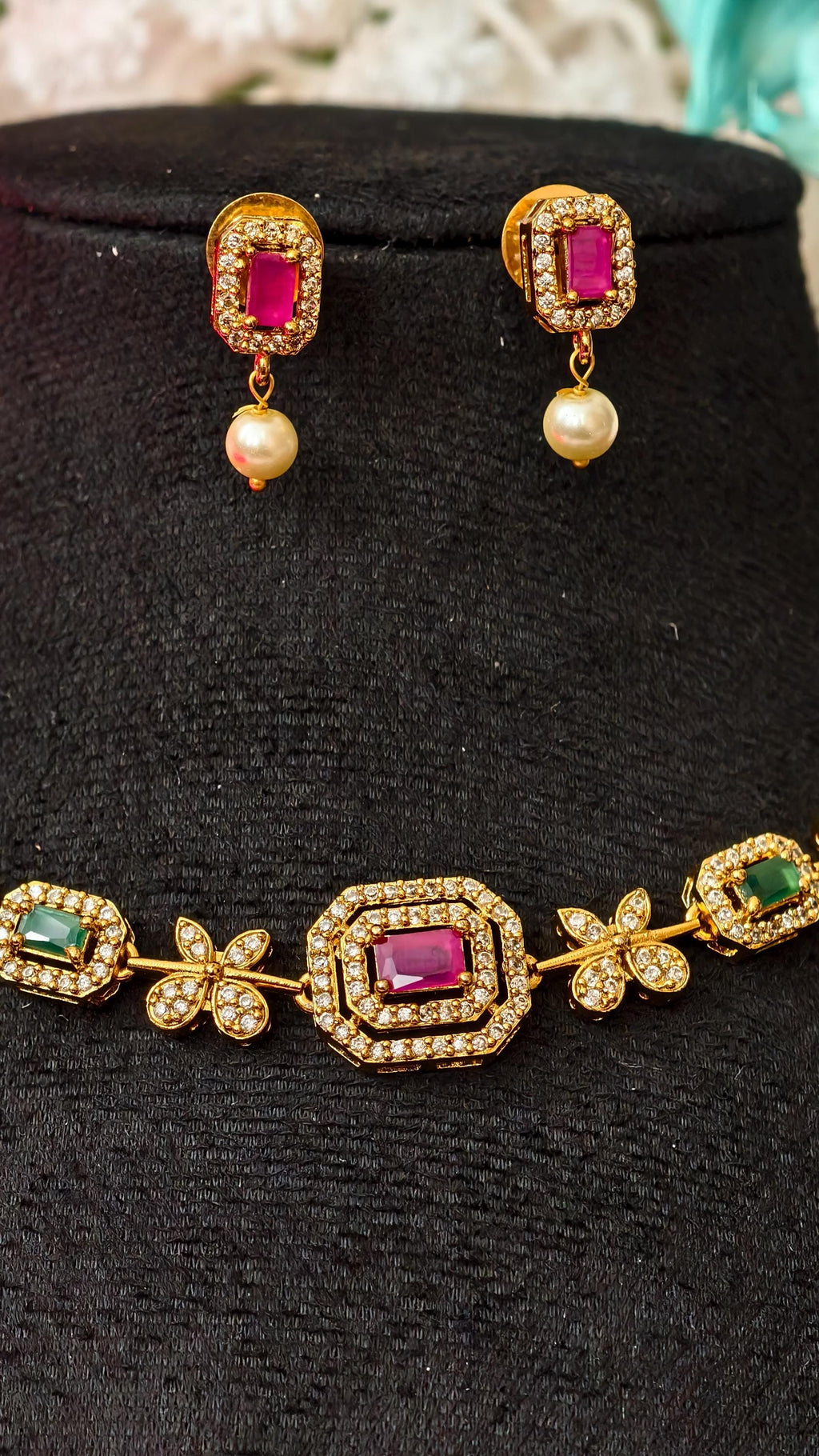 Indian Gold Choker Necklace Set, Ruby Emerald Floral Bridal Jewelry, Pearl Drop Earrings