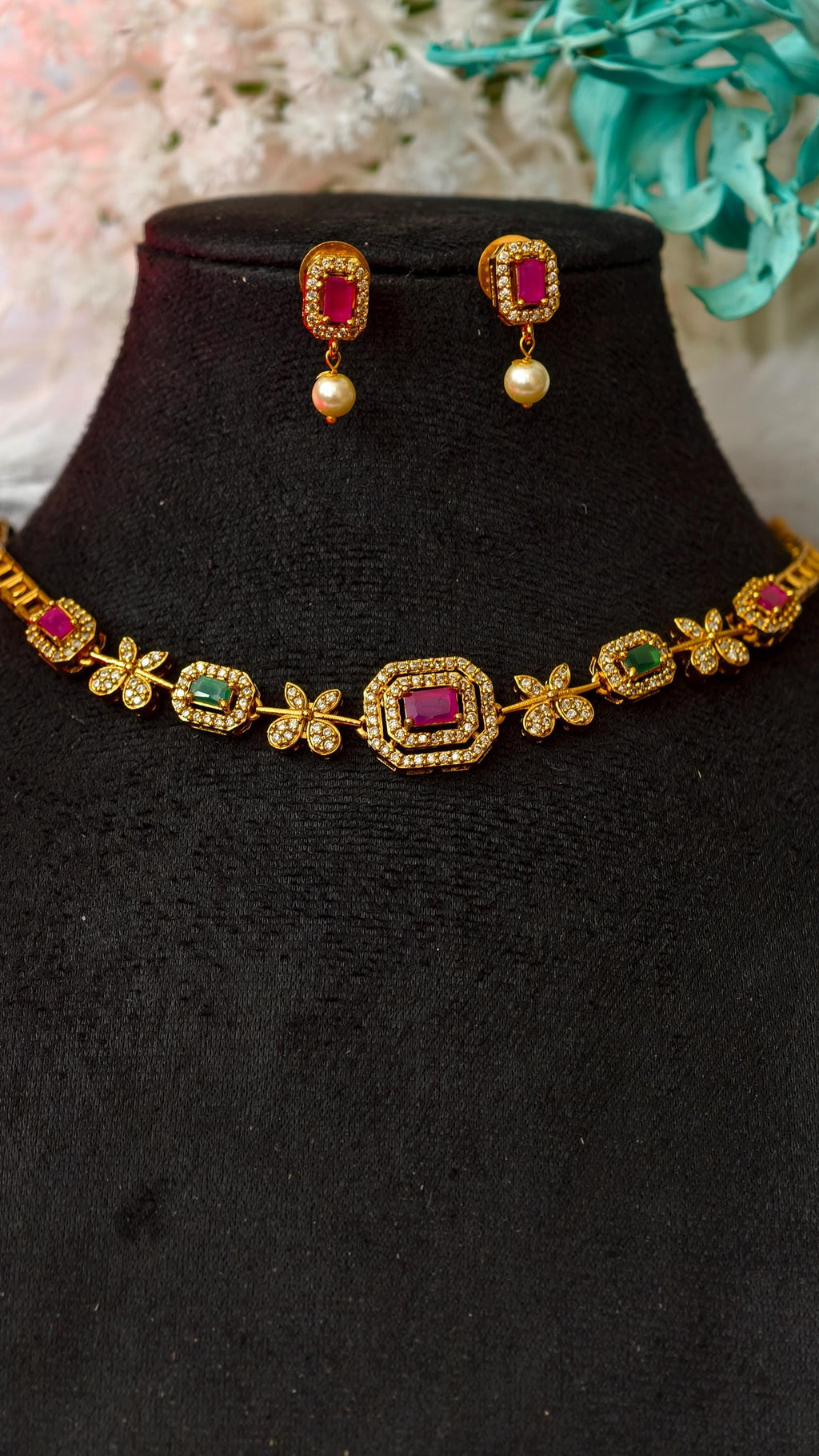 Indian Gold Choker Necklace Set, Ruby Emerald Floral Bridal Jewelry, Pearl Drop Earrings