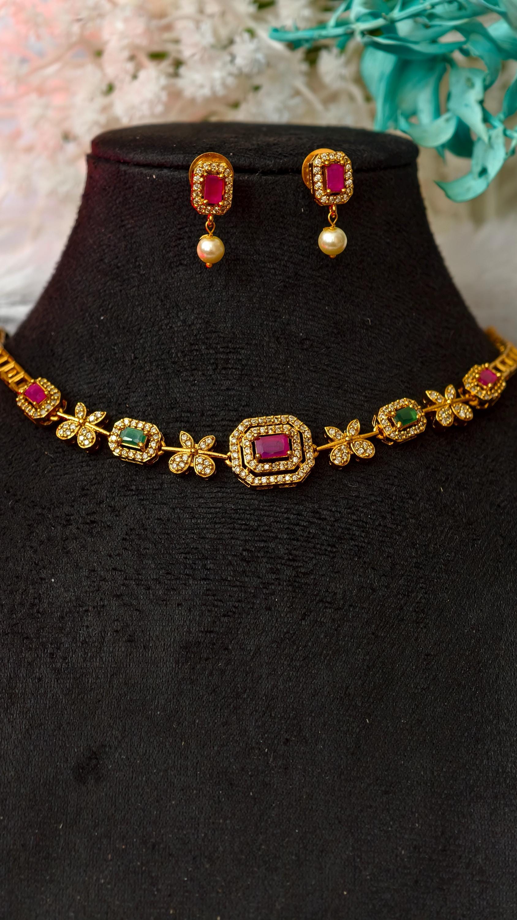 Indian Gold Choker Necklace Set, Ruby Emerald Floral Bridal Jewelry, Pearl Drop Earrings