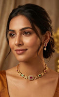 Indian Gold Choker Necklace Set, Ruby Emerald Floral Bridal Jewelry, Pearl Drop Earrings