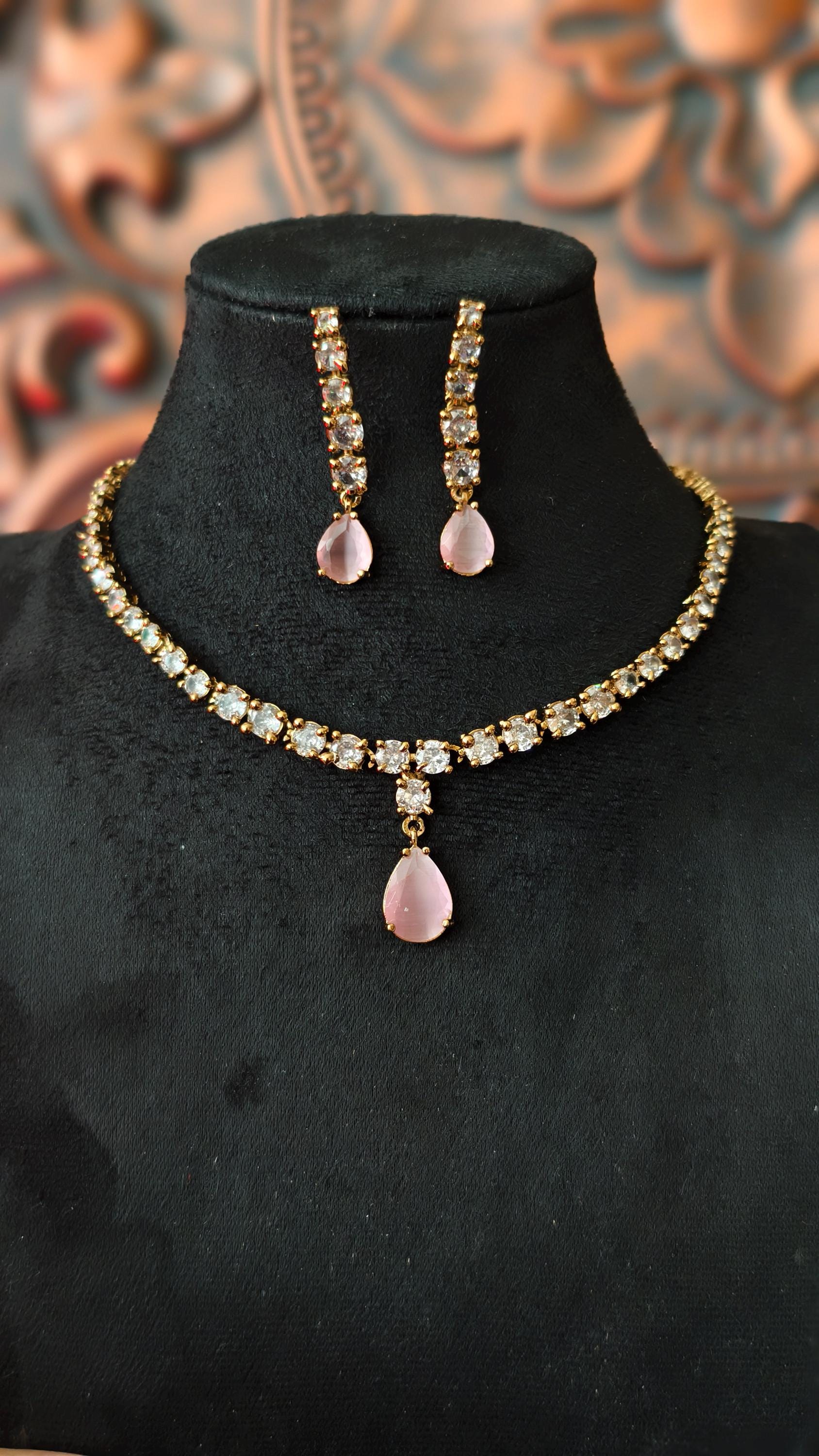 Gold Plated Teardrop Necklace Earrings Set, Pink Crystal Bridal Jewelry