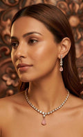 Gold Plated Teardrop Necklace Earrings Set, Pink Crystal Bridal Jewelry