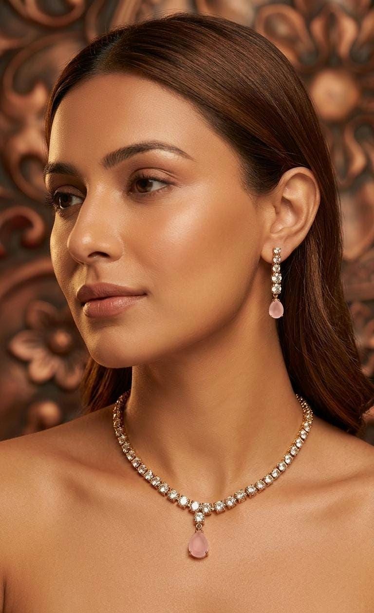 Gold Plated Teardrop Necklace Earrings Set, Pink Crystal Bridal Jewelry