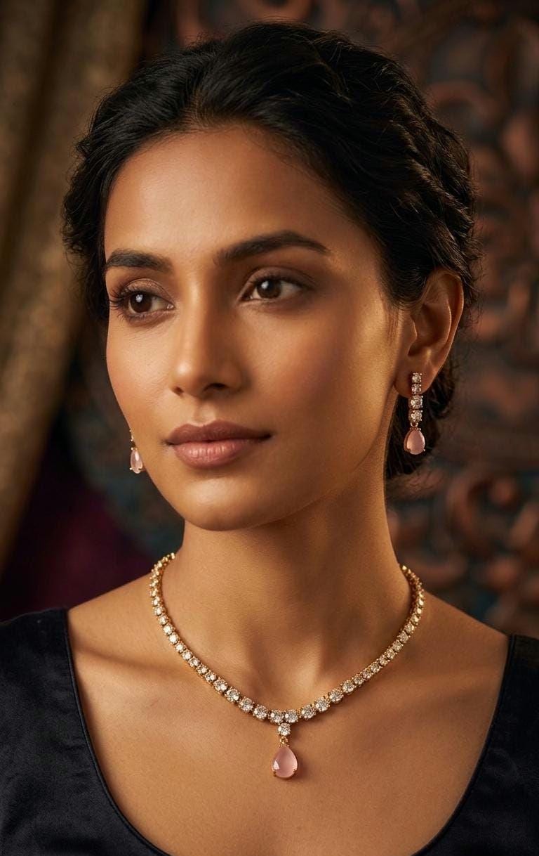 Gold Plated Teardrop Necklace Earrings Set, Pink Crystal Bridal Jewelry