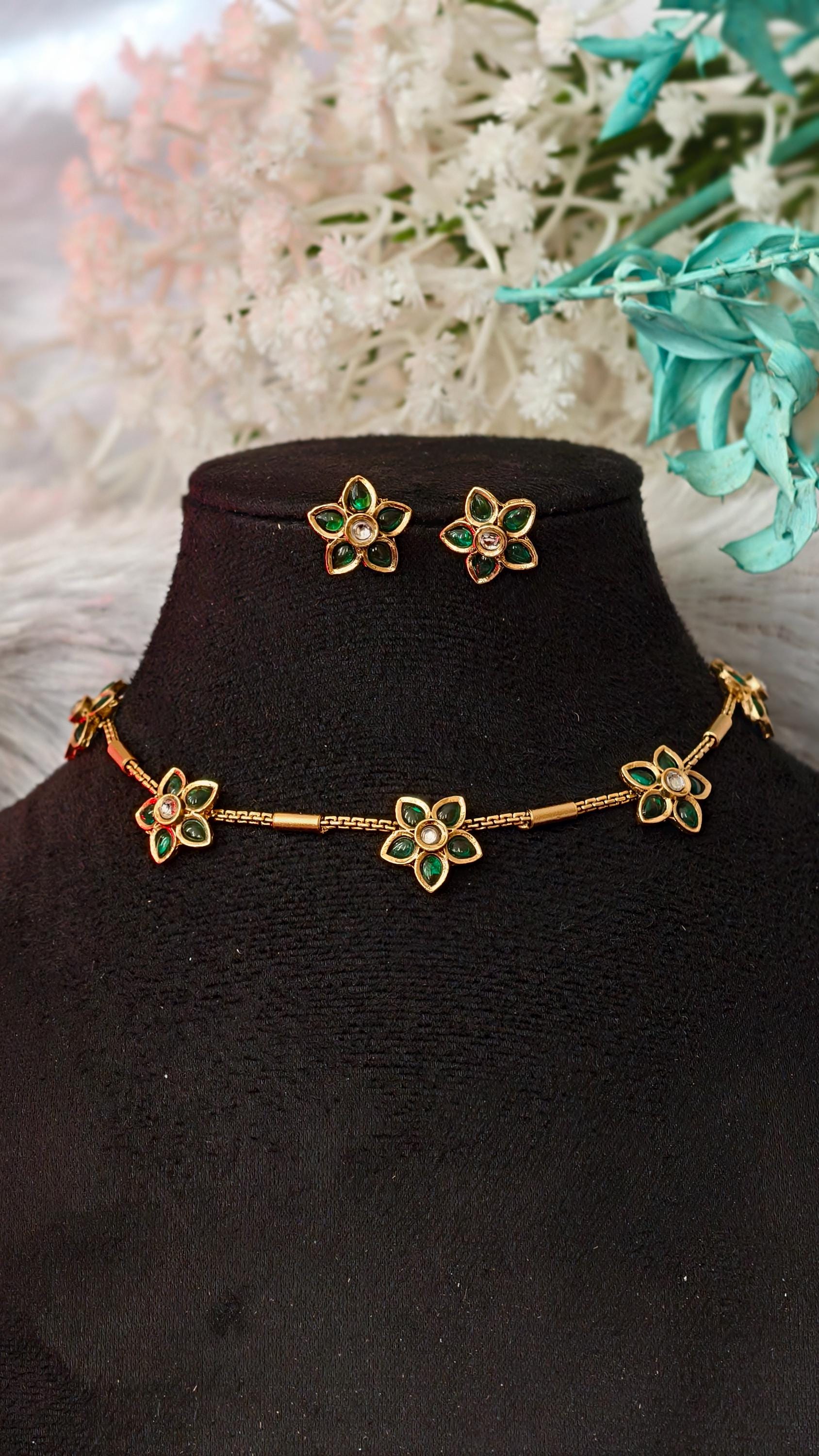 Emerald Green Flower Jewelry Set, Gold Botanical Choker, Dainty Gemstone Earrings