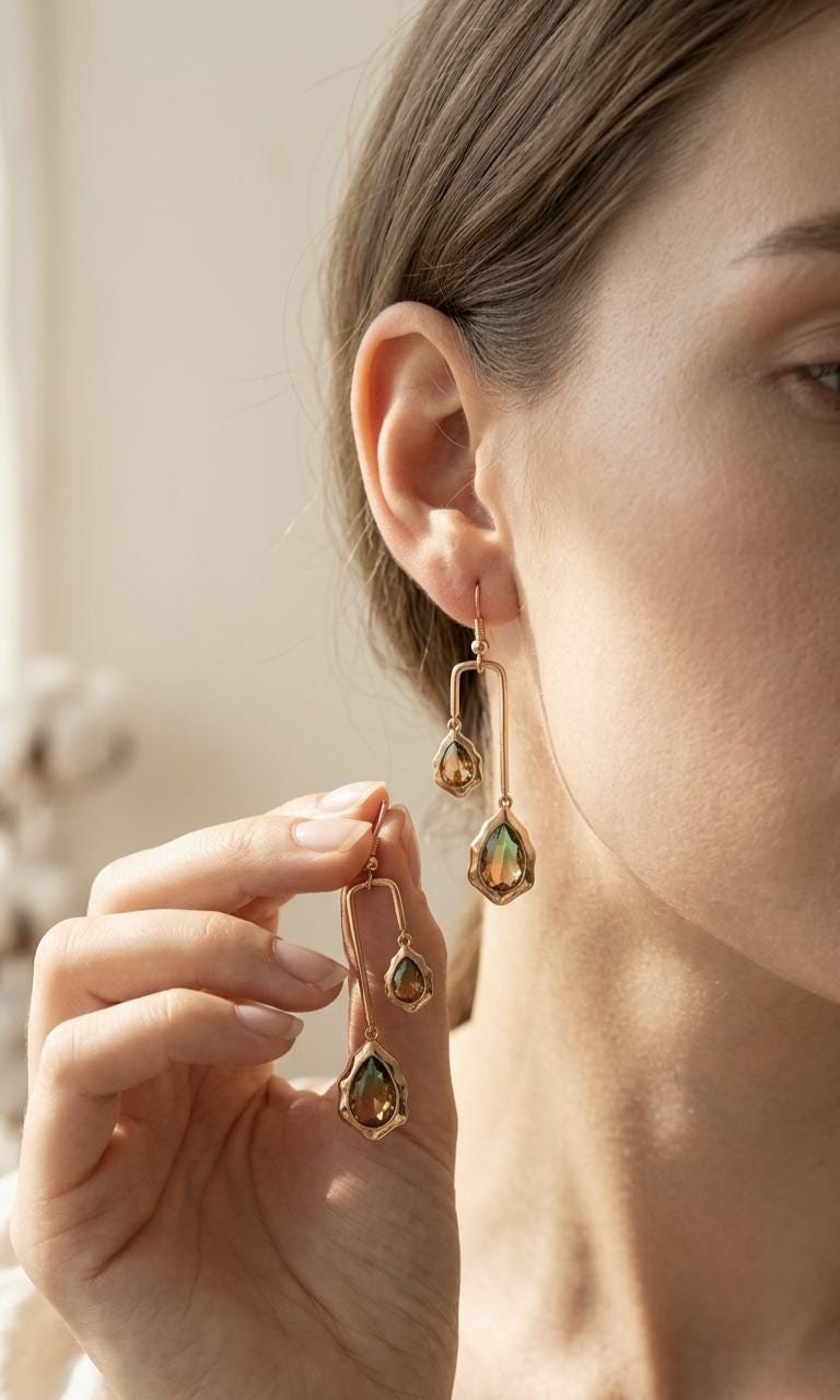 18k Gold Plated Teardrop Dangle Earrings, Ombre Green Amber Geometric Statement Jewelry