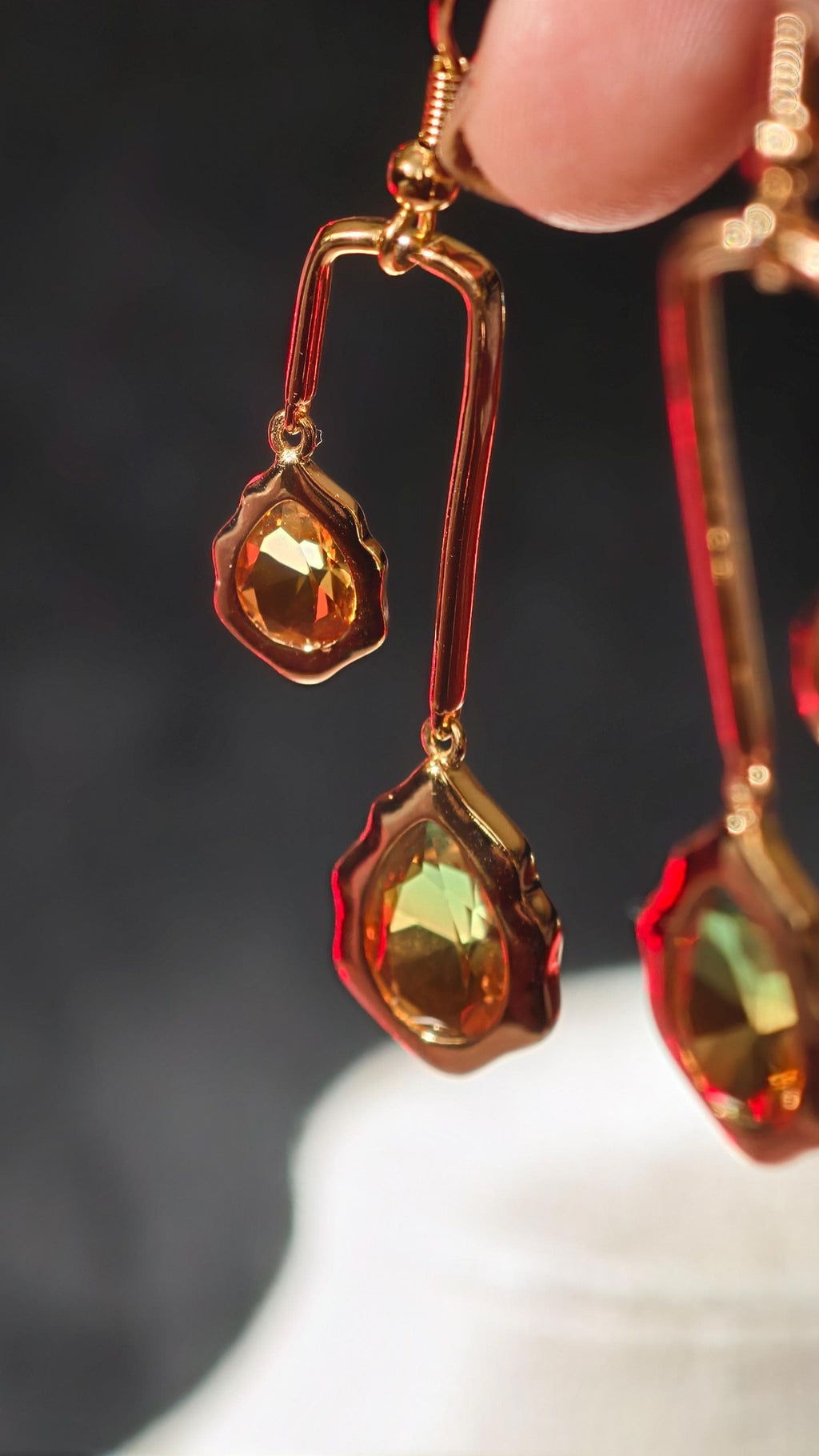 18k Gold Plated Teardrop Dangle Earrings, Ombre Green Amber Geometric Statement Jewelry