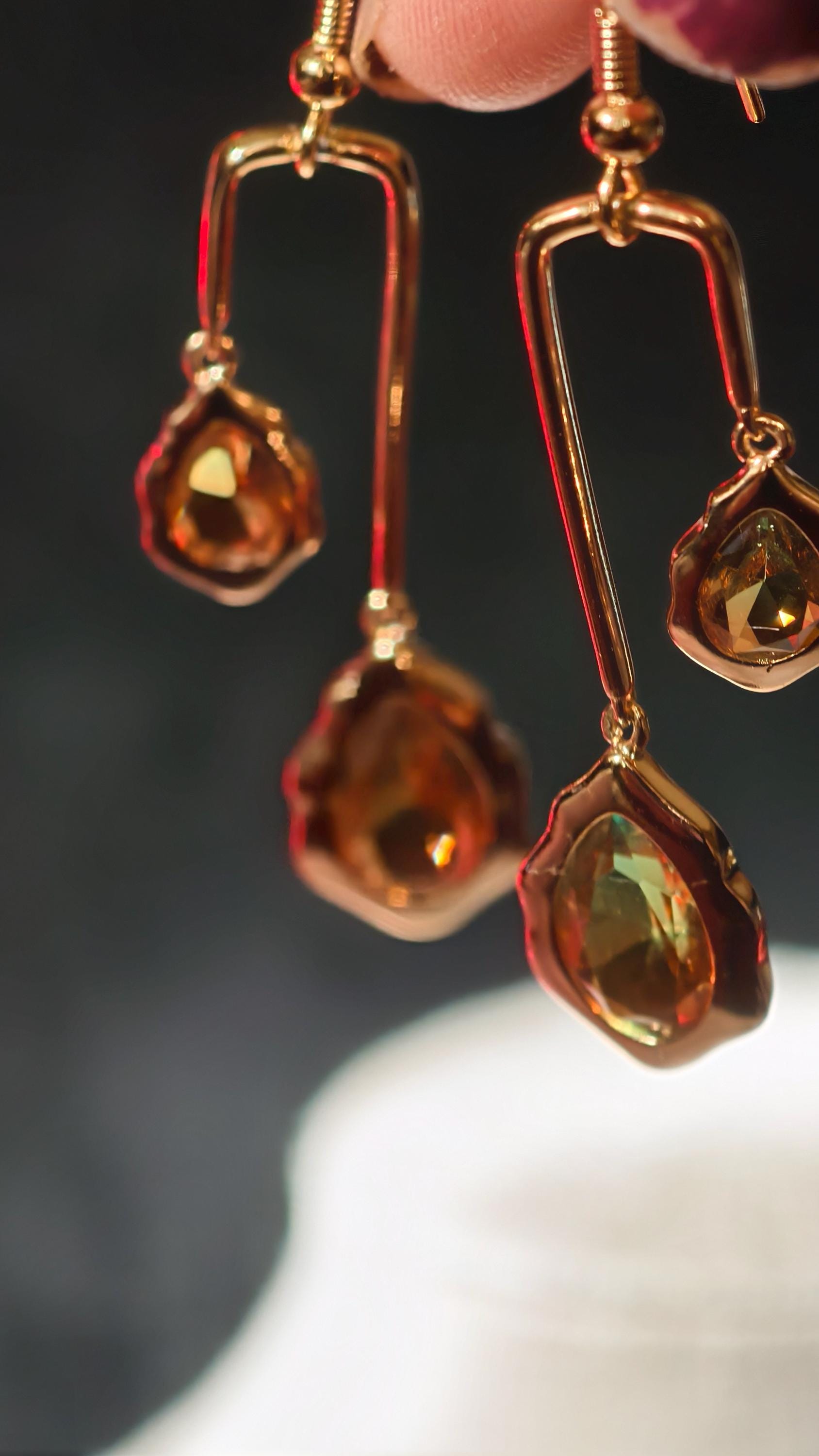 18k Gold Plated Teardrop Dangle Earrings, Ombre Green Amber Geometric Statement Jewelry