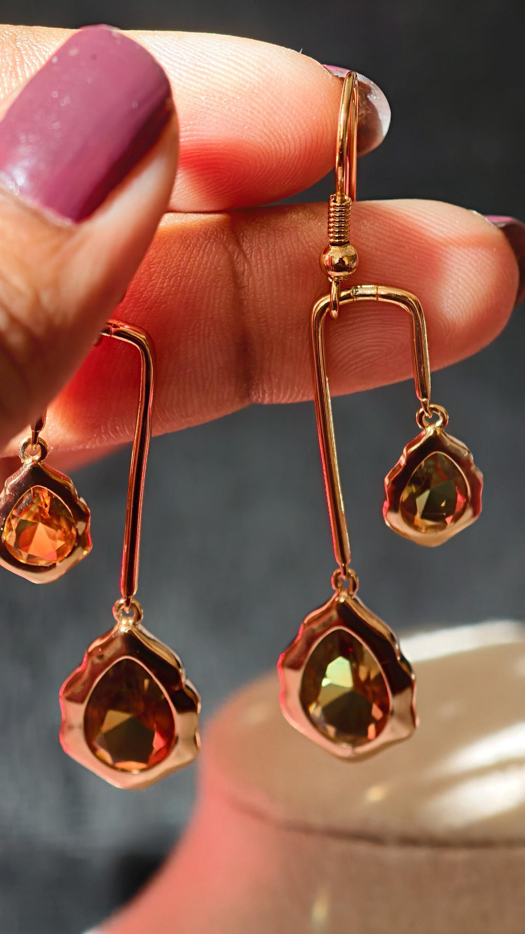 18k Gold Plated Teardrop Dangle Earrings, Ombre Green Amber Geometric Statement Jewelry