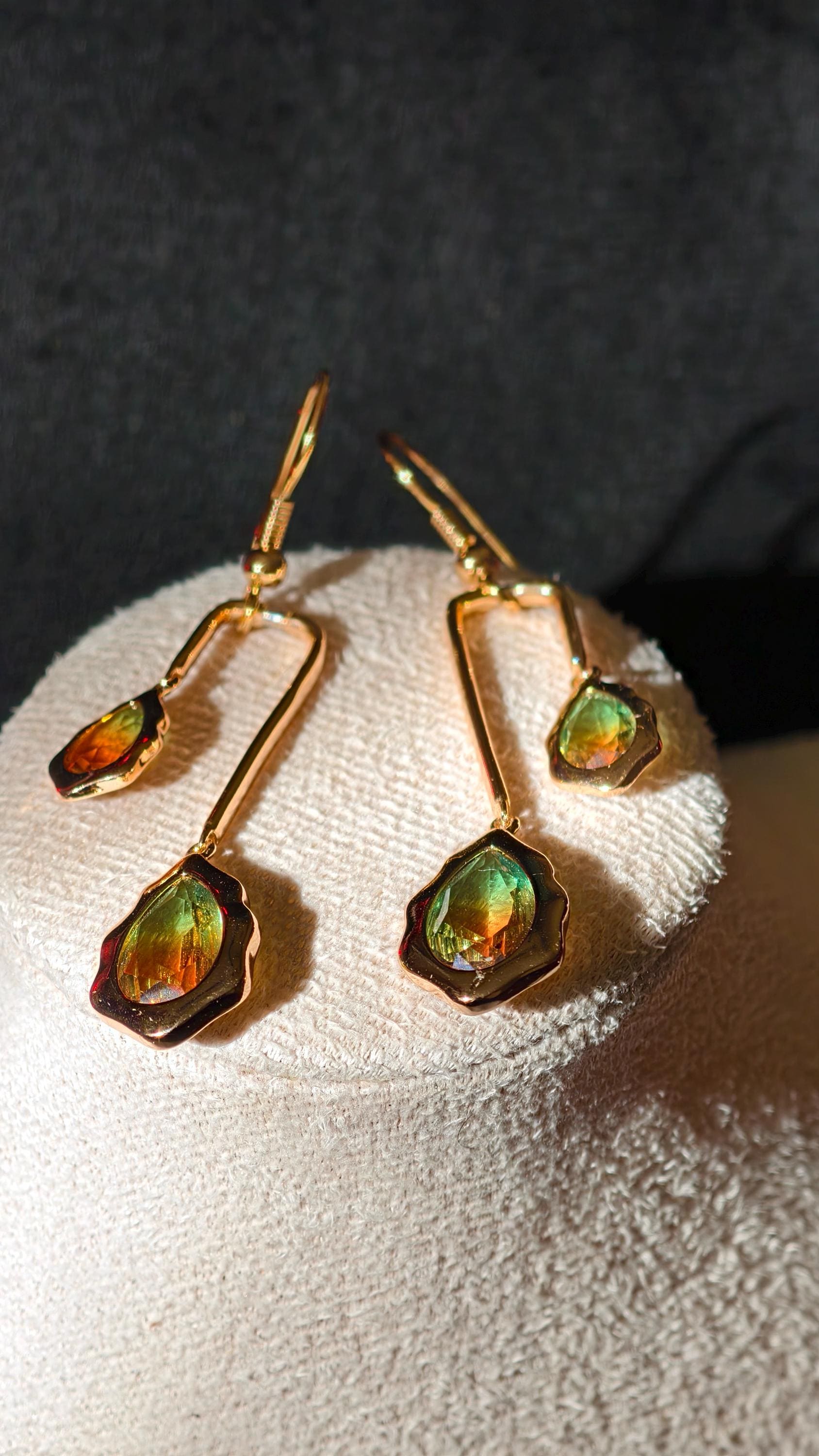 18k Gold Plated Teardrop Dangle Earrings, Ombre Green Amber Geometric Statement Jewelry