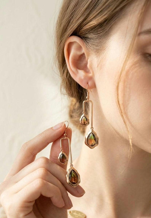 18k Gold Plated Teardrop Dangle Earrings, Ombre Green Amber Geometric Statement Jewelry