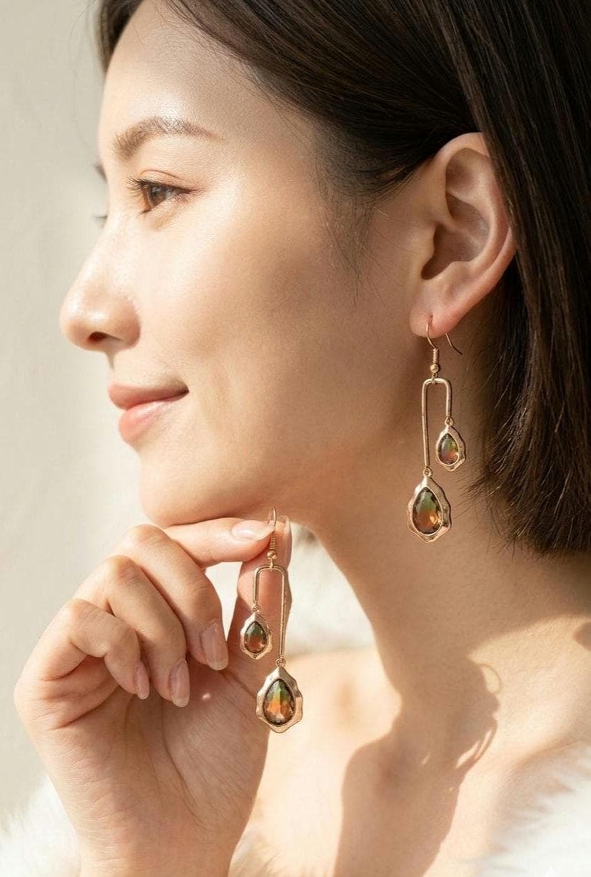 18k Gold Plated Teardrop Dangle Earrings, Ombre Green Amber Geometric Statement Jewelry