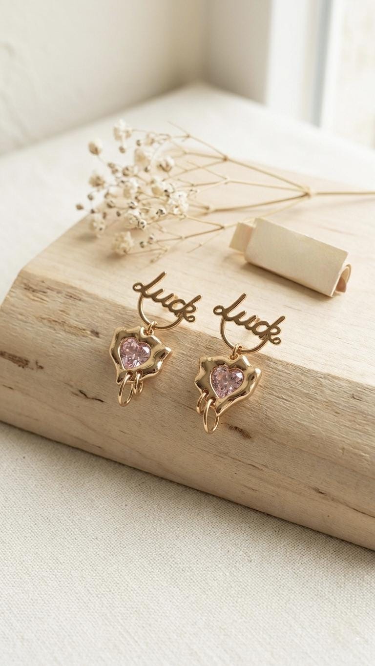 18k Gold Plated "Luck" Script Heart Earrings  Pink Crystal Dangle Y2K Jewelry