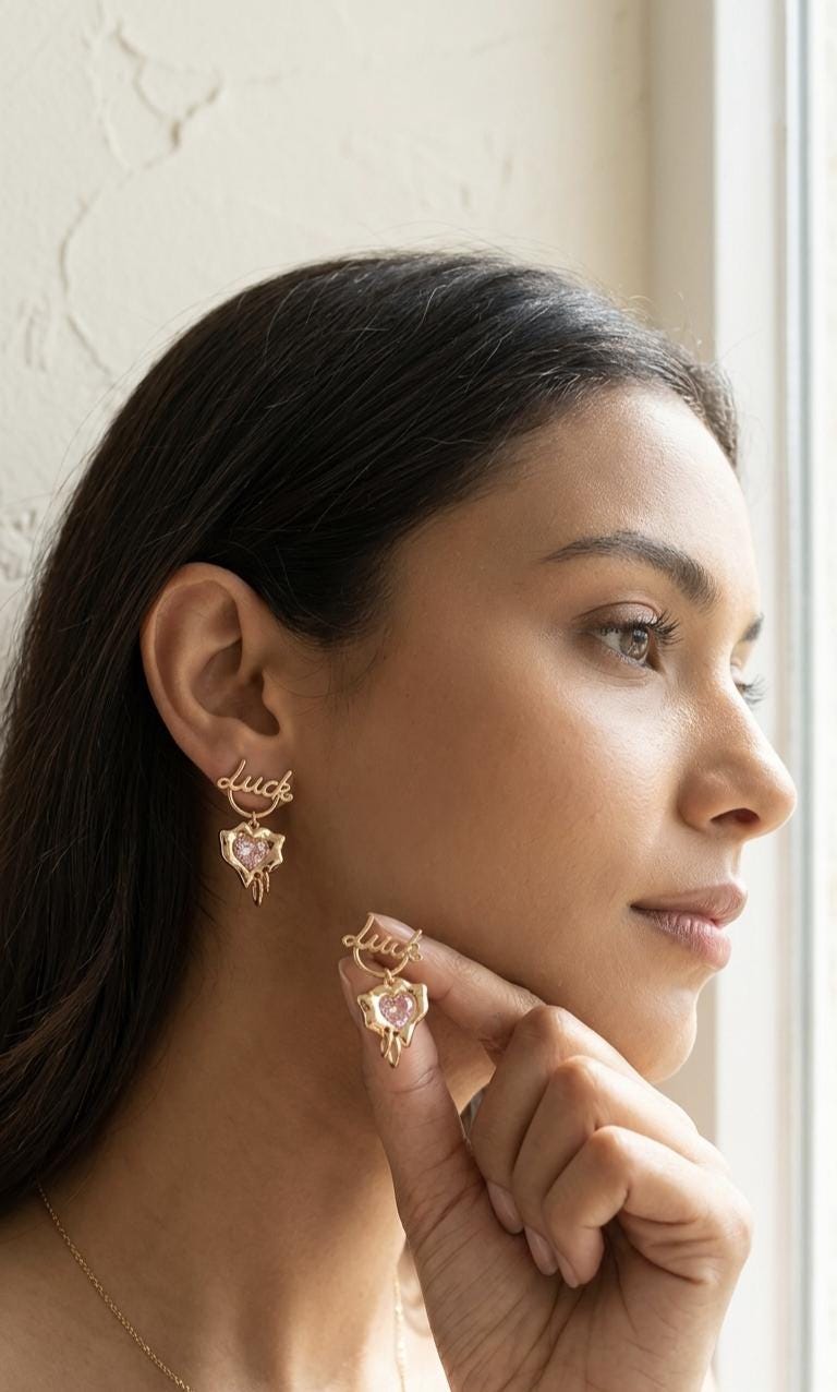 18k Gold Plated "Luck" Script Heart Earrings  Pink Crystal Dangle Y2K Jewelry