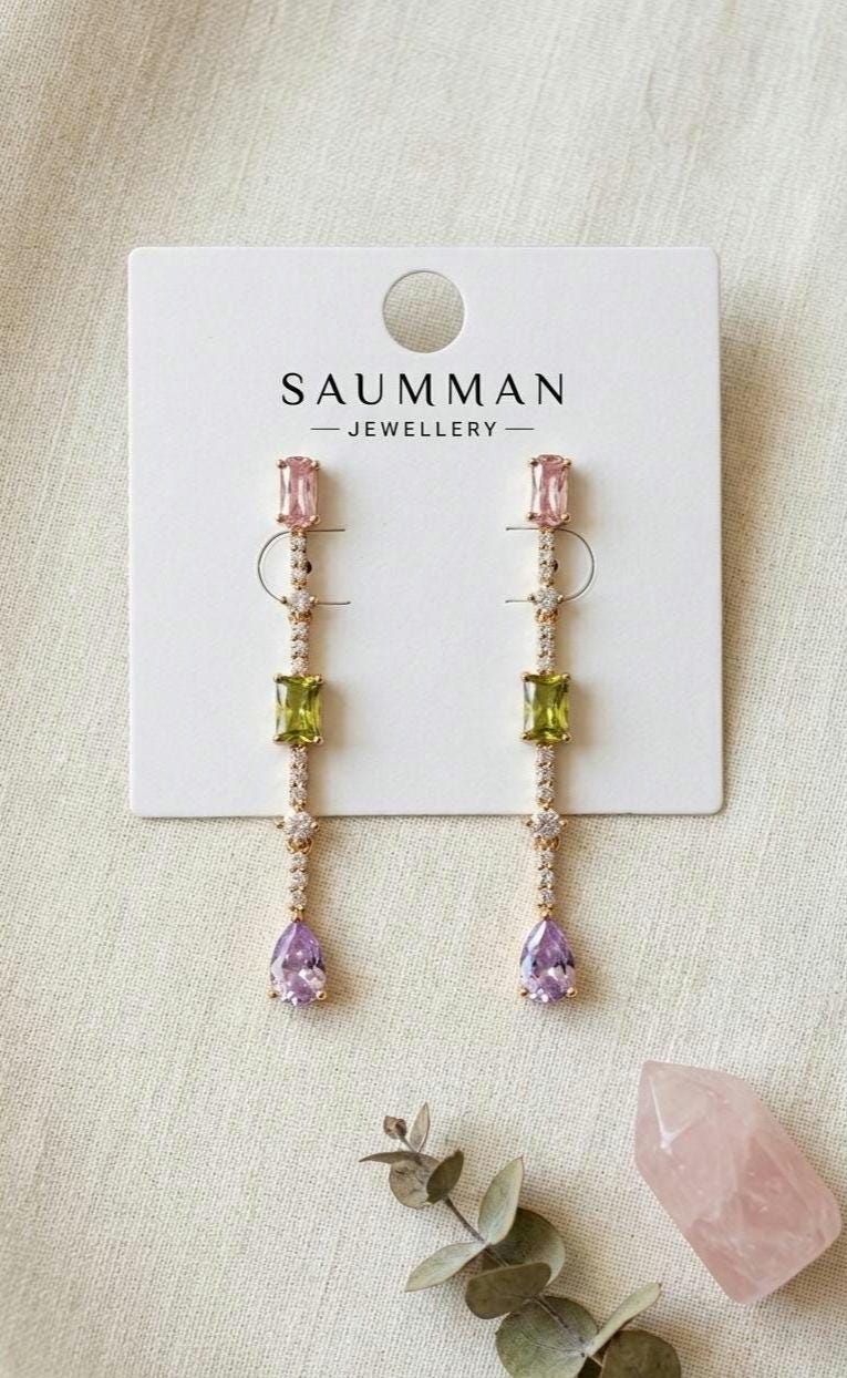 18k Gold Plated Pastel Cubic Zirconia Drop Earrings, Bridal Dangle Jewelry