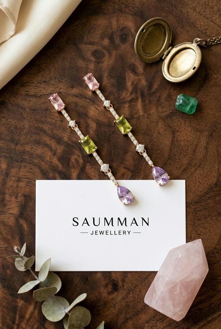 18k Gold Plated Pastel Cubic Zirconia Drop Earrings, Bridal Dangle Jewelry
