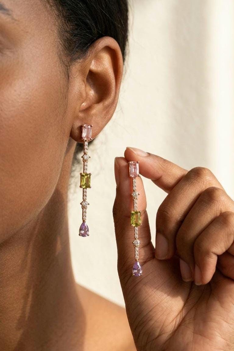 18k Gold Plated Pastel Cubic Zirconia Drop Earrings, Bridal Dangle Jewelry