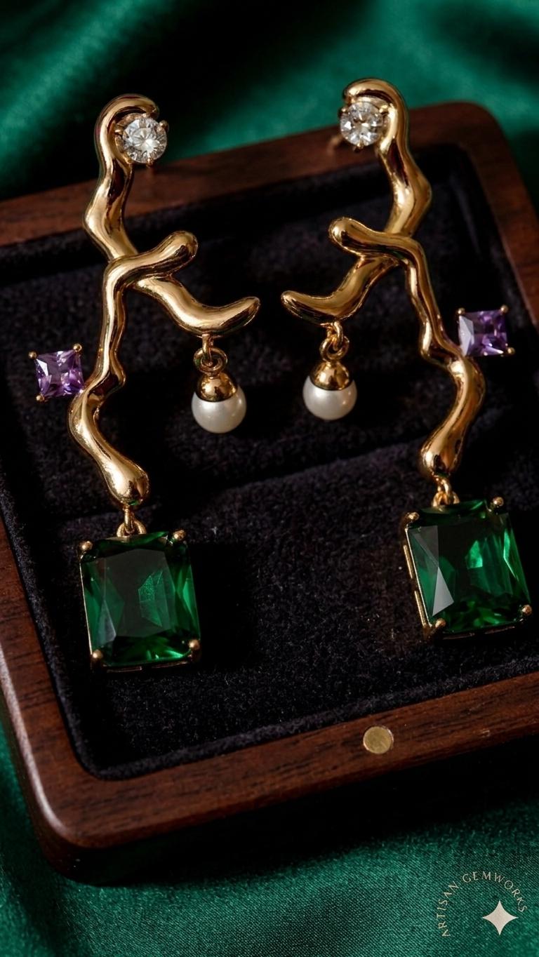 18k Gold Plated Branch Earrings with Emerald & Aquamarine Crystals, Dainty Pearl Accent