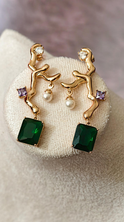 18k Gold Plated Branch Earrings with Emerald & Aquamarine Crystals, Dainty Pearl Accent