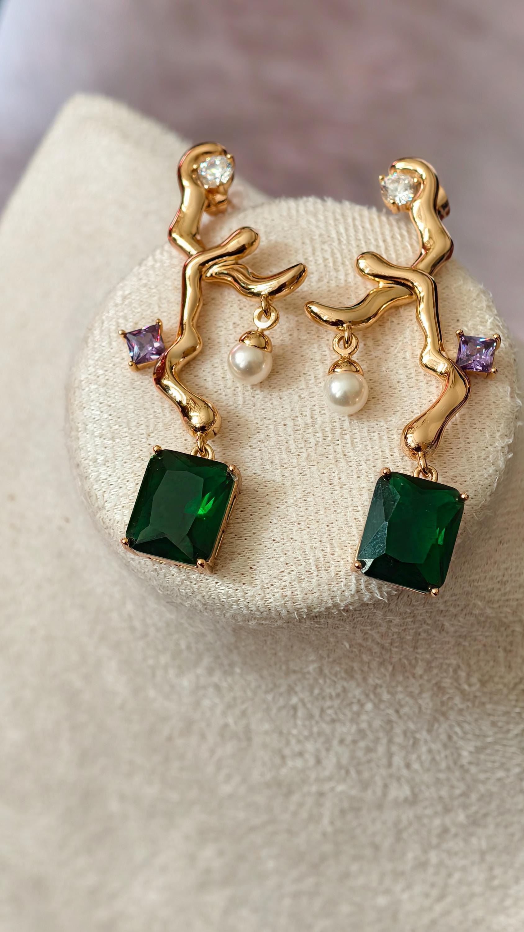 18k Gold Plated Branch Earrings with Emerald & Aquamarine Crystals, Dainty Pearl Accent
