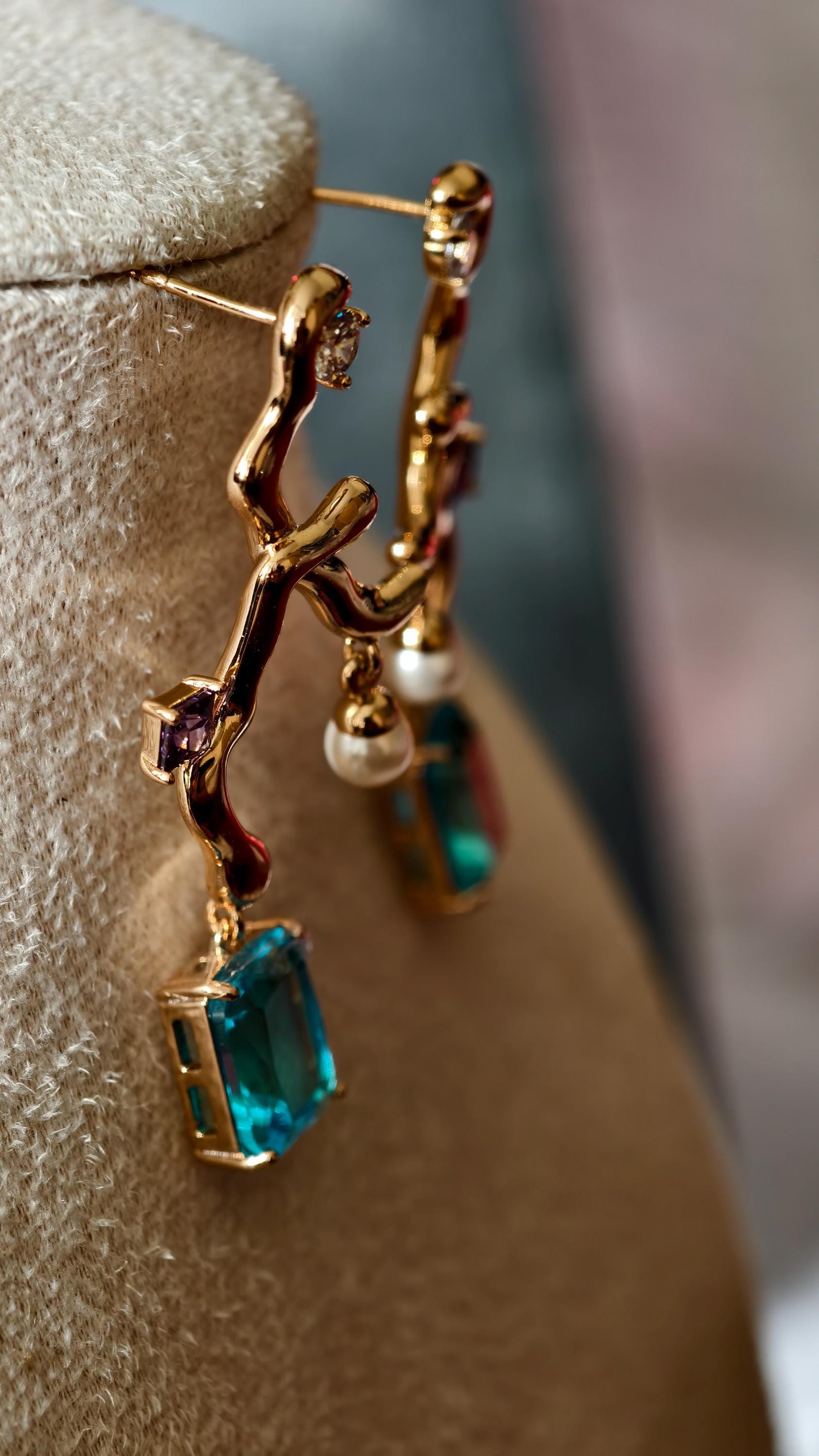 18k Gold Plated Branch Earrings with Emerald & Aquamarine Crystals, Dainty Pearl Accent