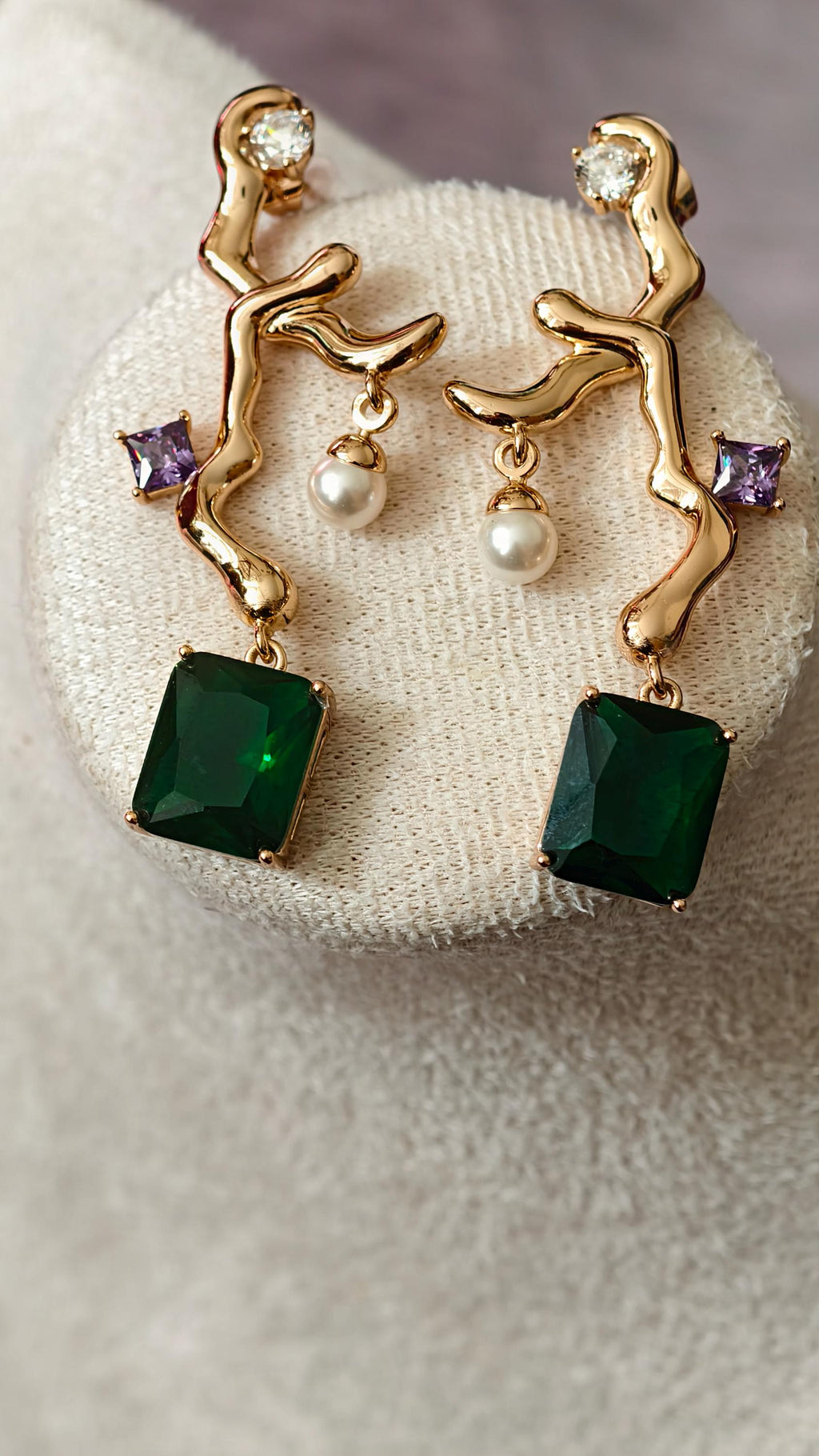 18k Gold Plated Branch Earrings with Emerald & Aquamarine Crystals, Dainty Pearl Accent