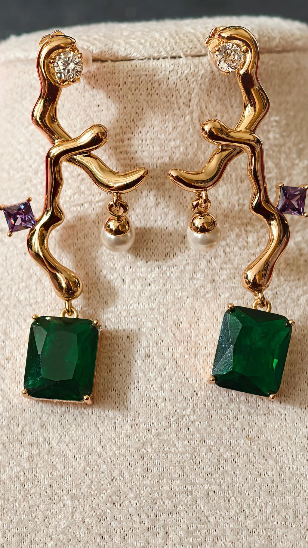 18k Gold Plated Branch Earrings with Emerald & Aquamarine Crystals, Dainty Pearl Accent
