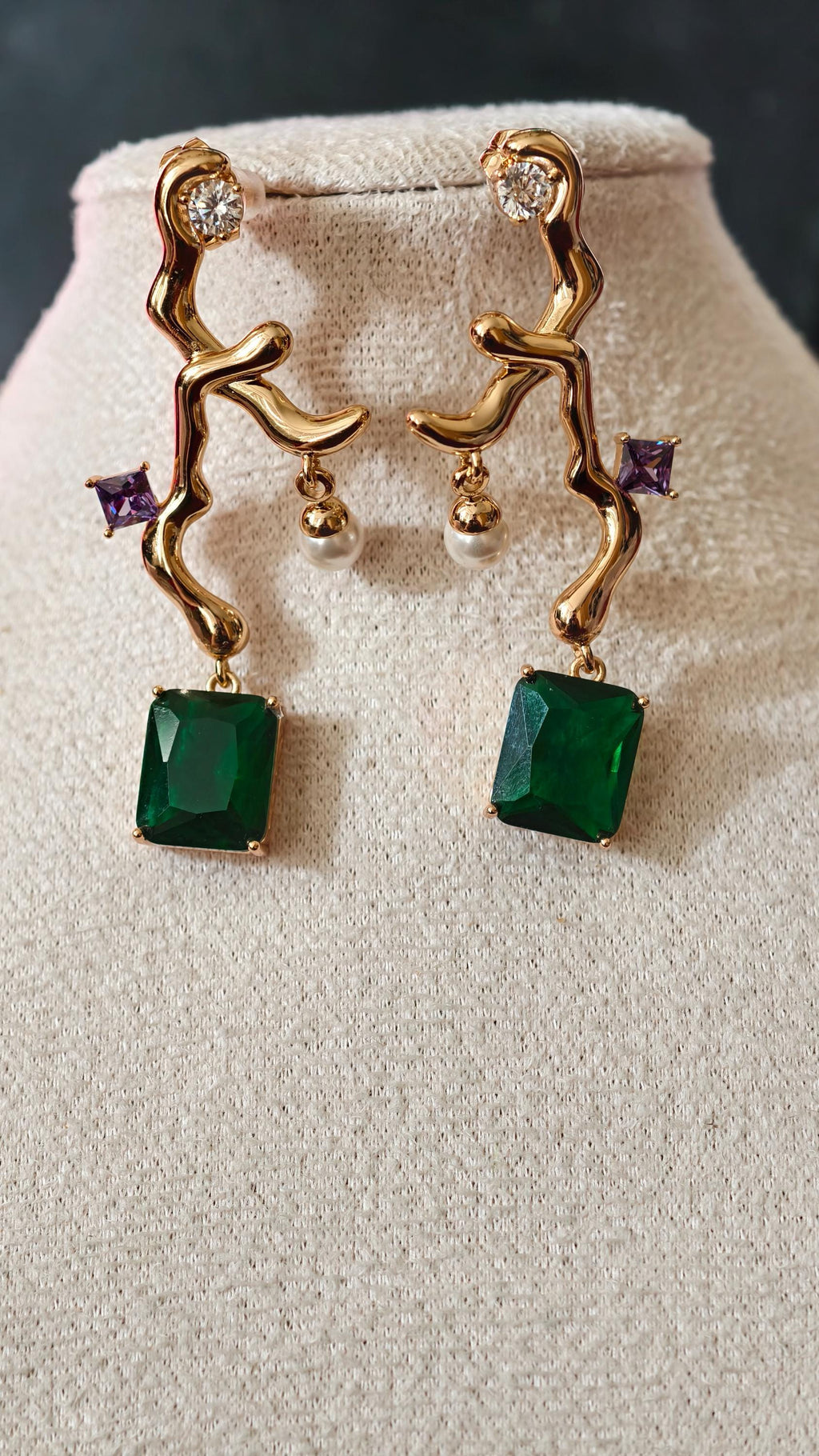 18k Gold Plated Branch Earrings with Emerald & Aquamarine Crystals, Dainty Pearl Accent