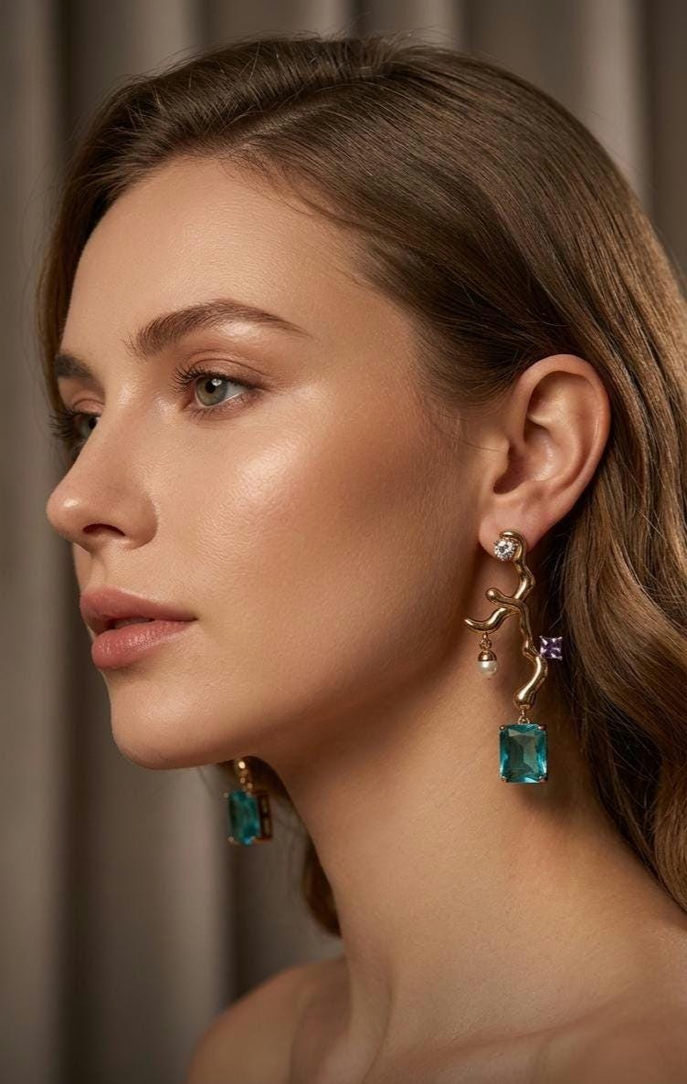 18k Gold Plated Branch Earrings with Emerald & Aquamarine Crystals, Dainty Pearl Accent