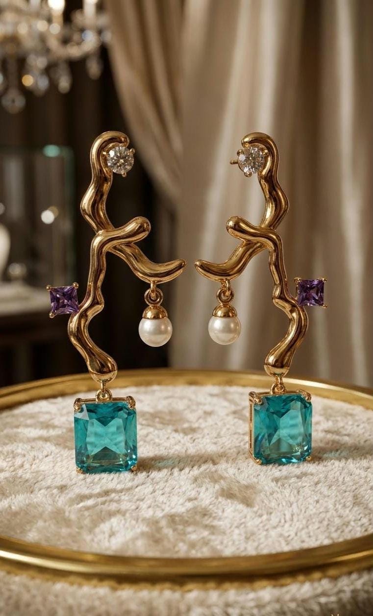 18k Gold Plated Branch Earrings with Emerald & Aquamarine Crystals, Dainty Pearl Accent