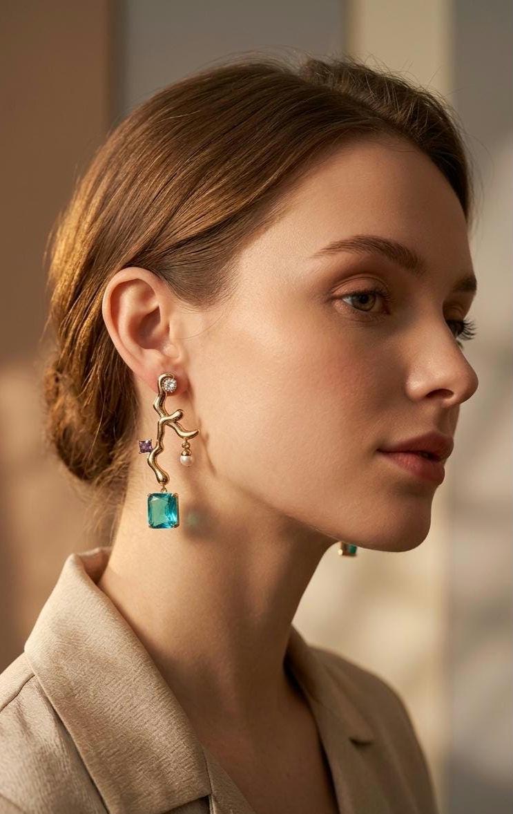 18k Gold Plated Branch Earrings with Emerald & Aquamarine Crystals, Dainty Pearl Accent