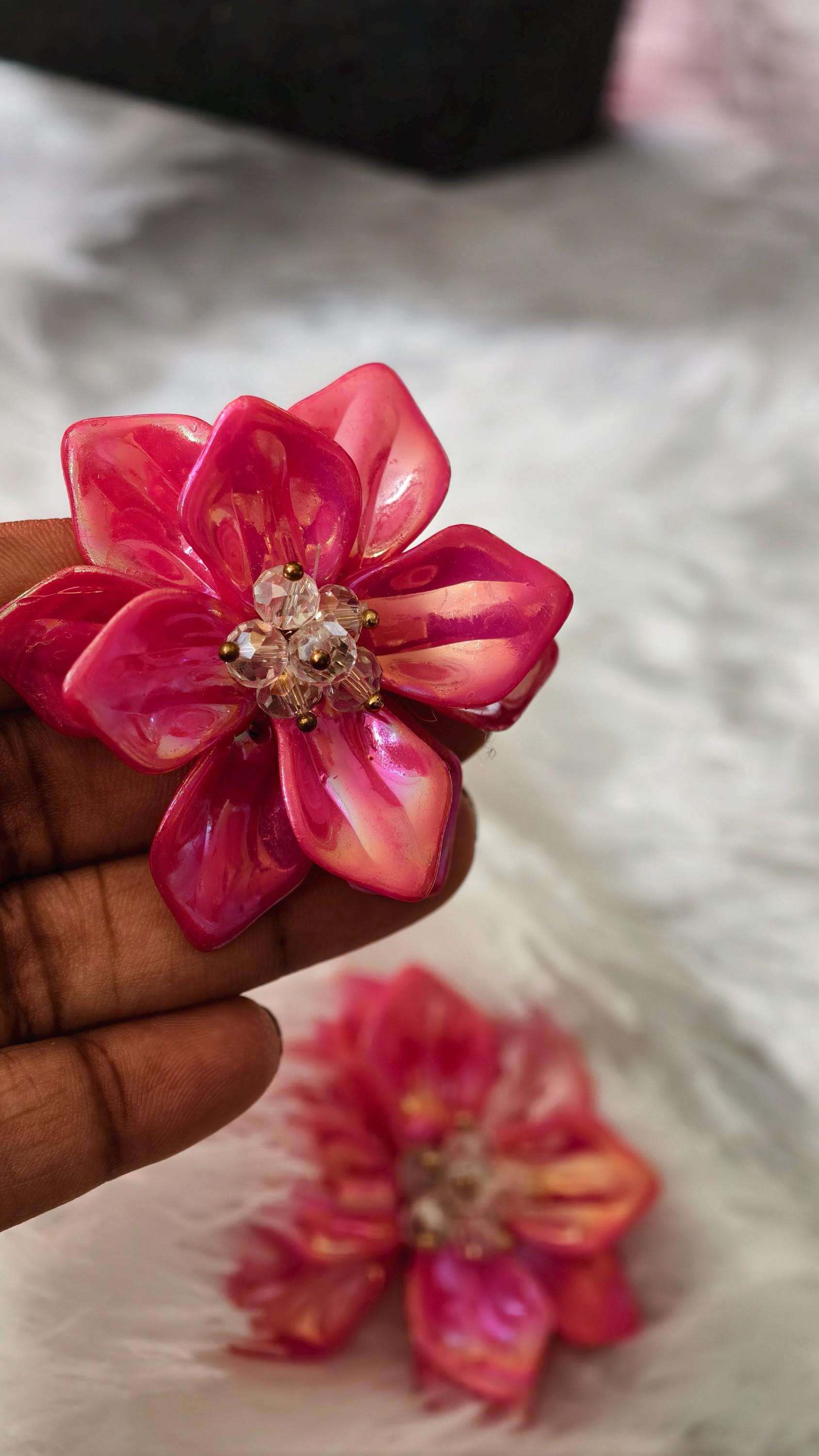 Matte Resin Flower Stud Earrings  Orange, Red, Iridescent Magenta Botanical Jewelry