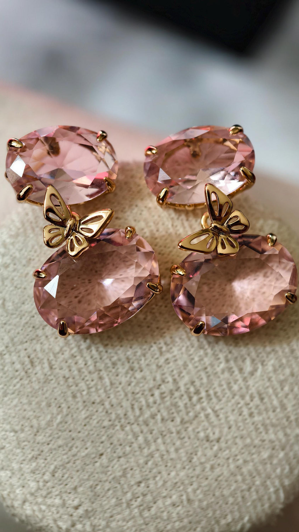 18k Gold Plated Pink Butterfly Oval Drop Earrings, Morganite-Style Glass Jewelry